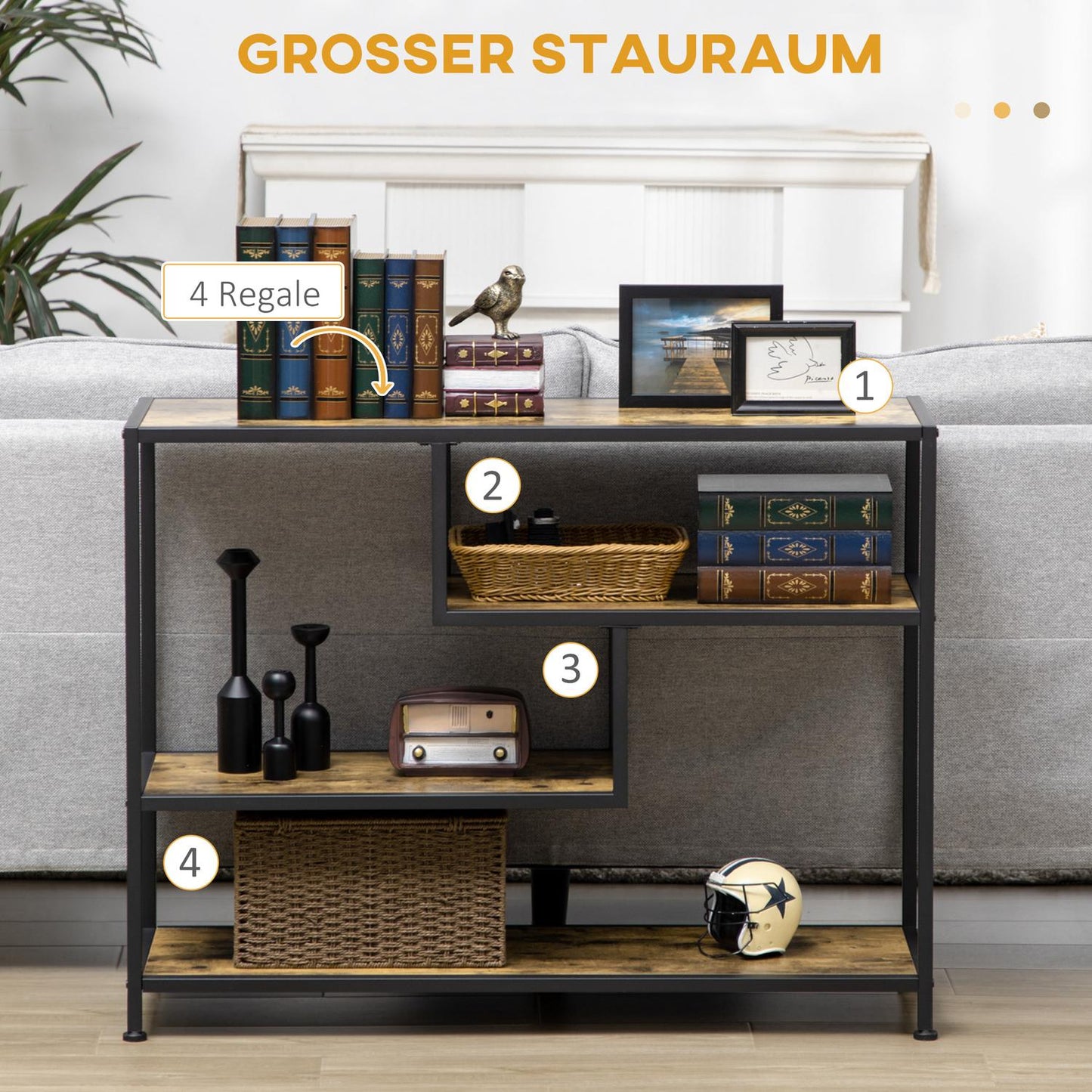 Console table with steel legs - 4-tier, tilt-proof, rustic brown