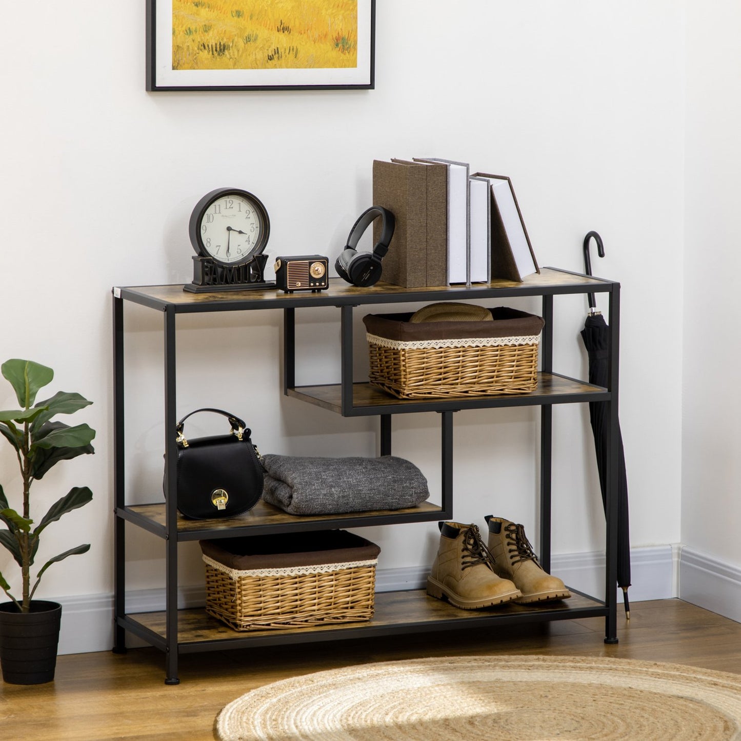 Console table with steel legs - 4-tier, tilt-proof, rustic brown