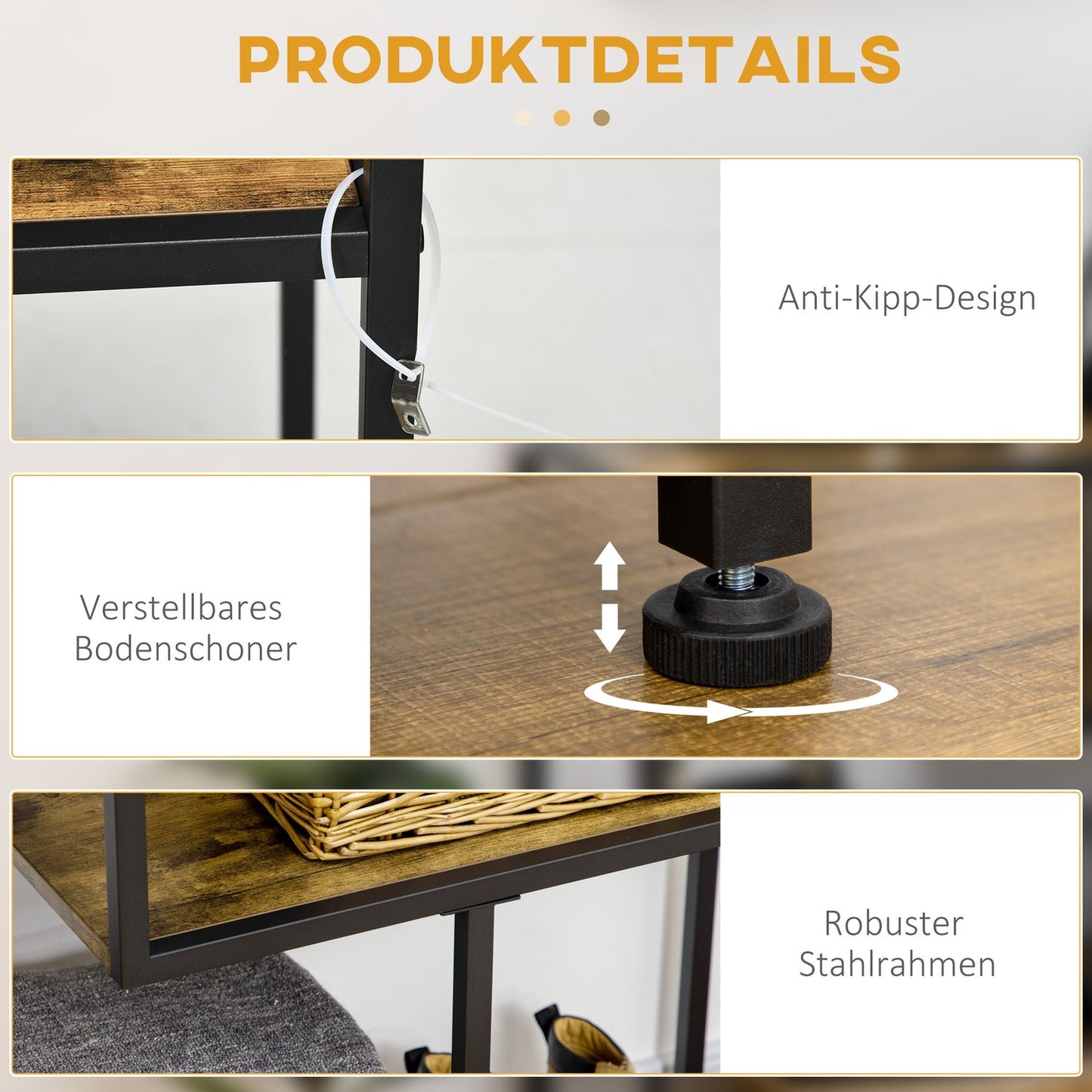 Console table with steel legs - 4-tier, tilt-proof, rustic brown