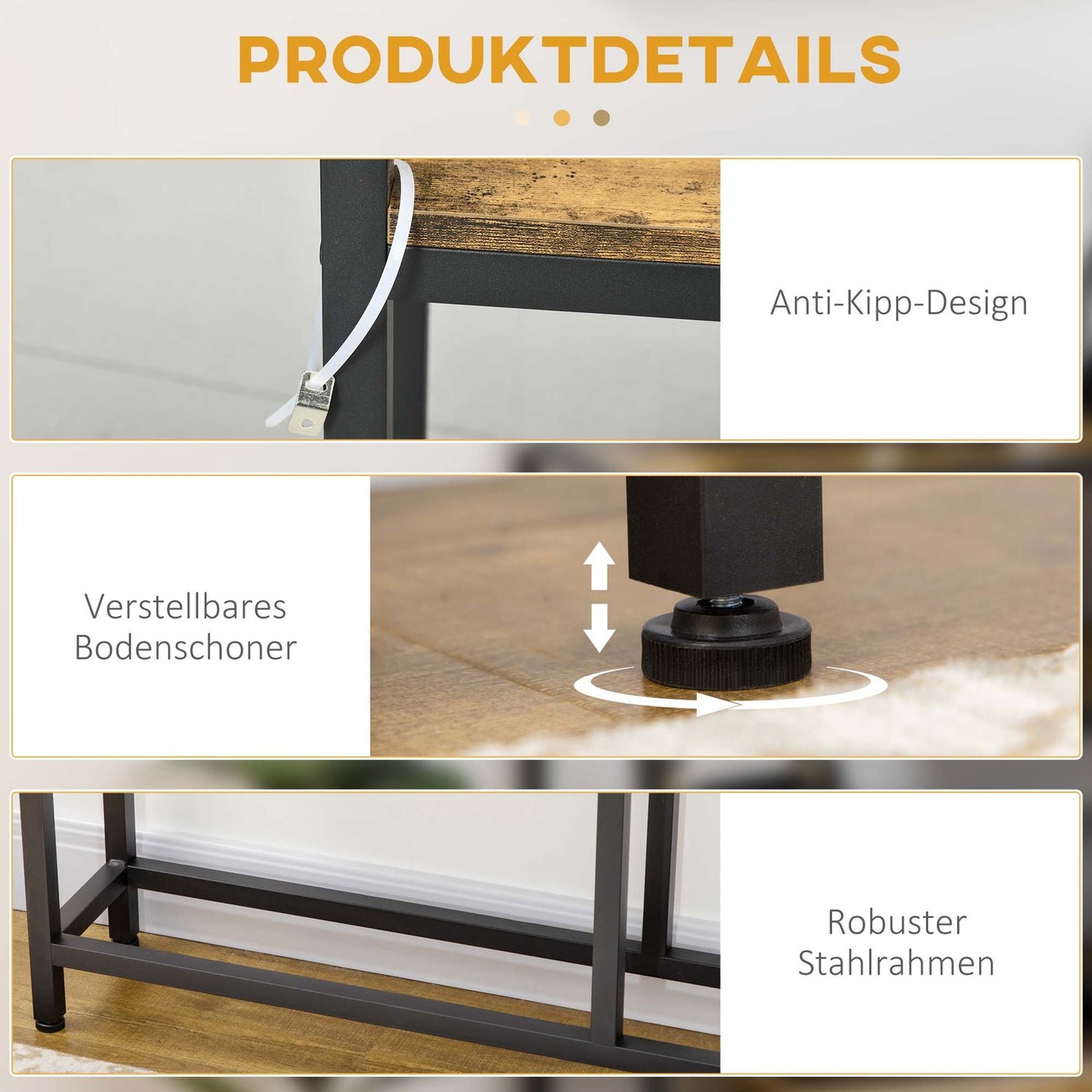 Console table, steel legs, 2 levels, anti-tip, 120 x 23 x 75 cm
