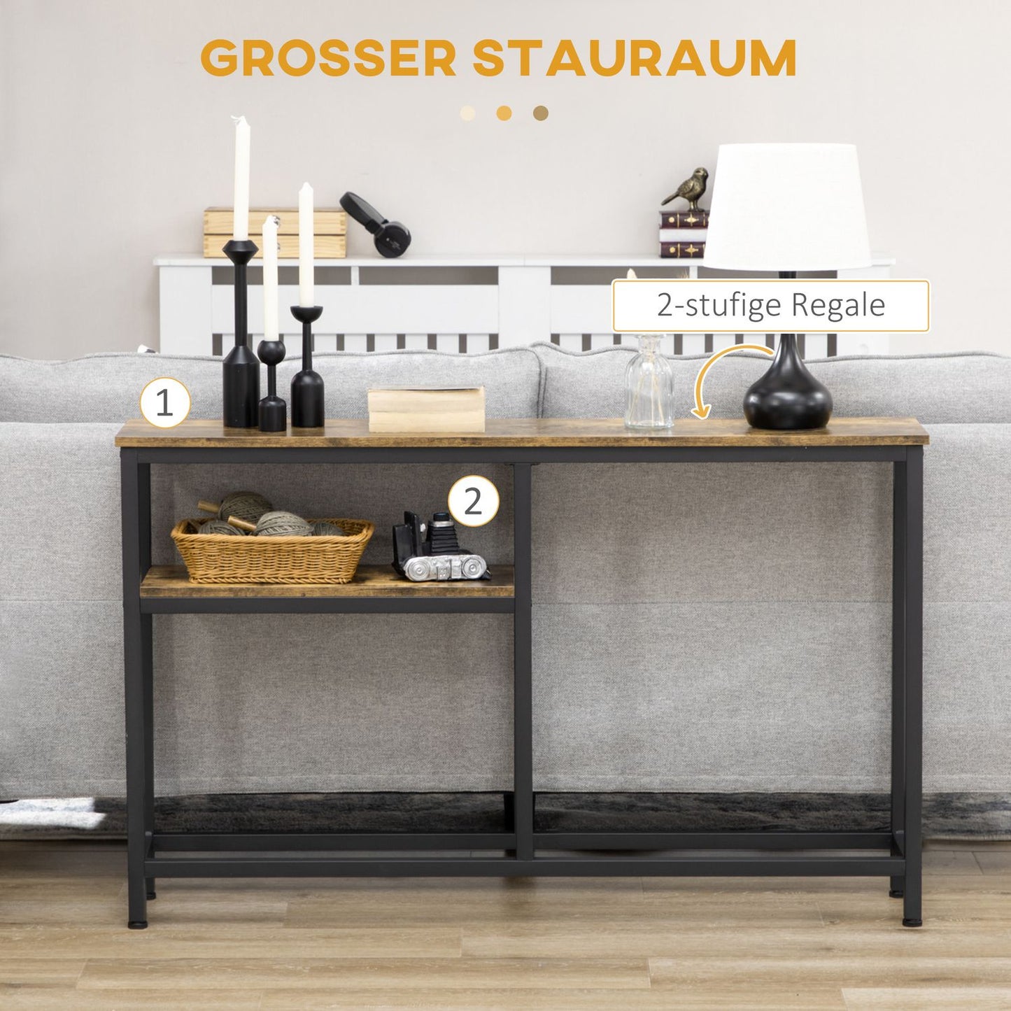 Console table, steel legs, 2 levels, anti-tip, 120 x 23 x 75 cm