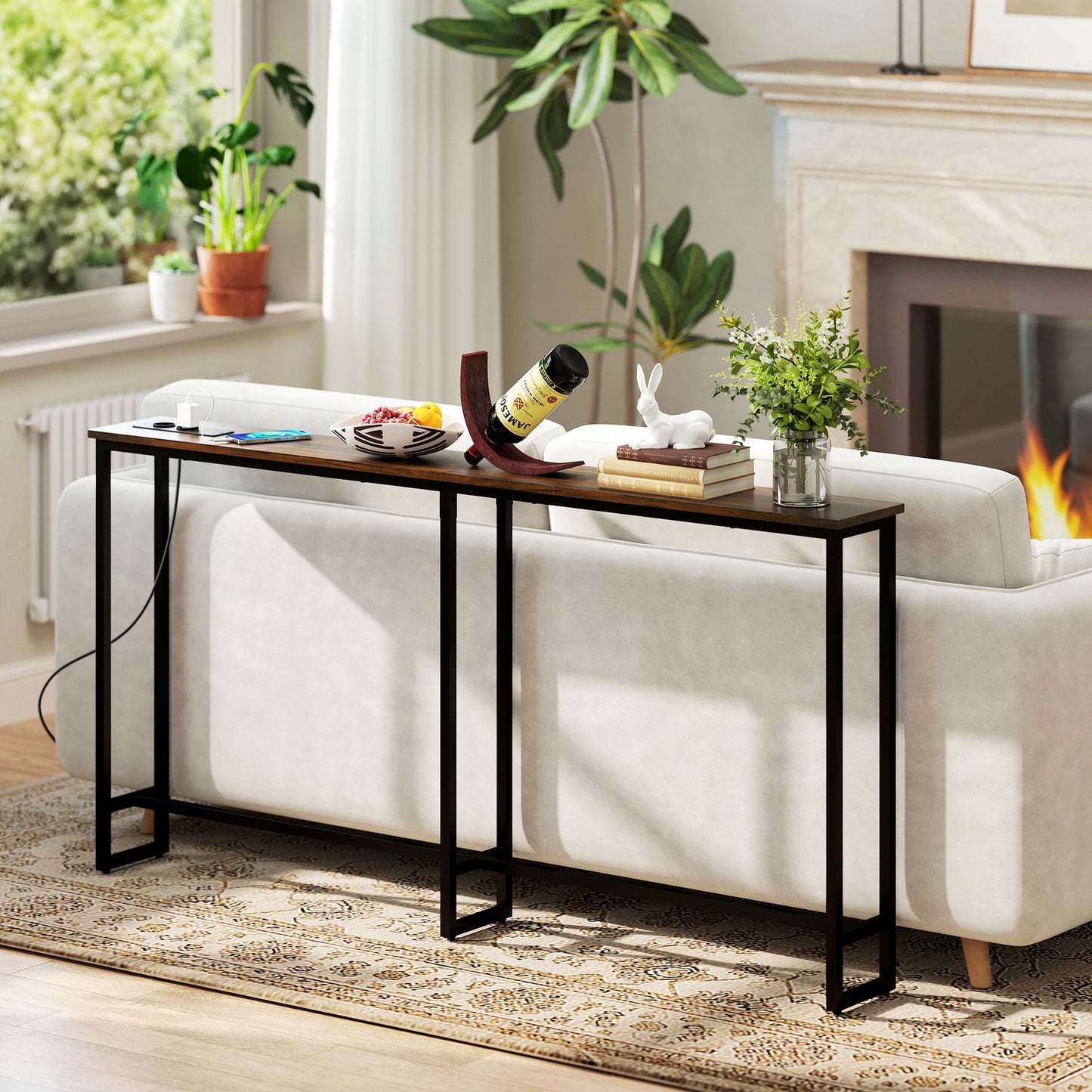 Industrial narrow console table, charging station, rustic brown