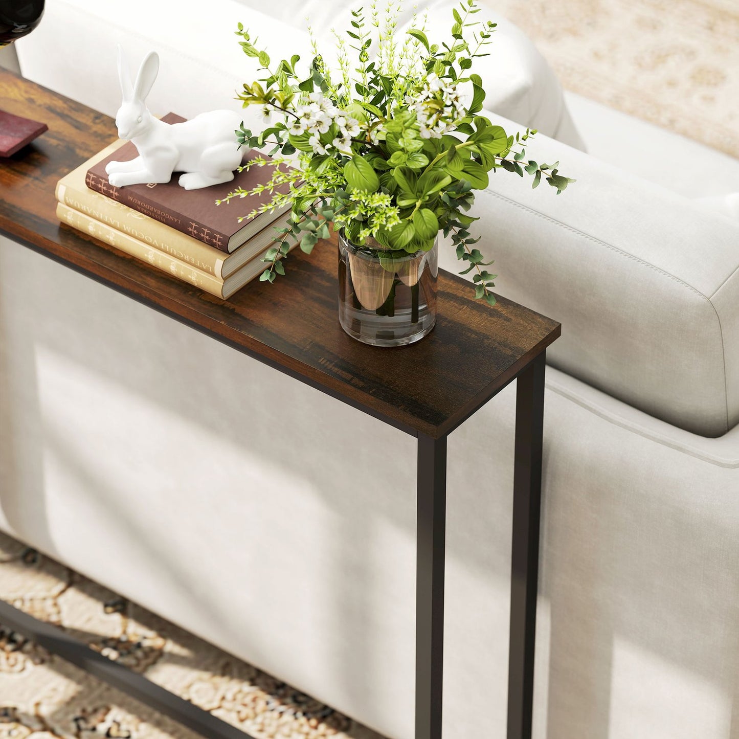 Industrial narrow console table, charging station, rustic brown
