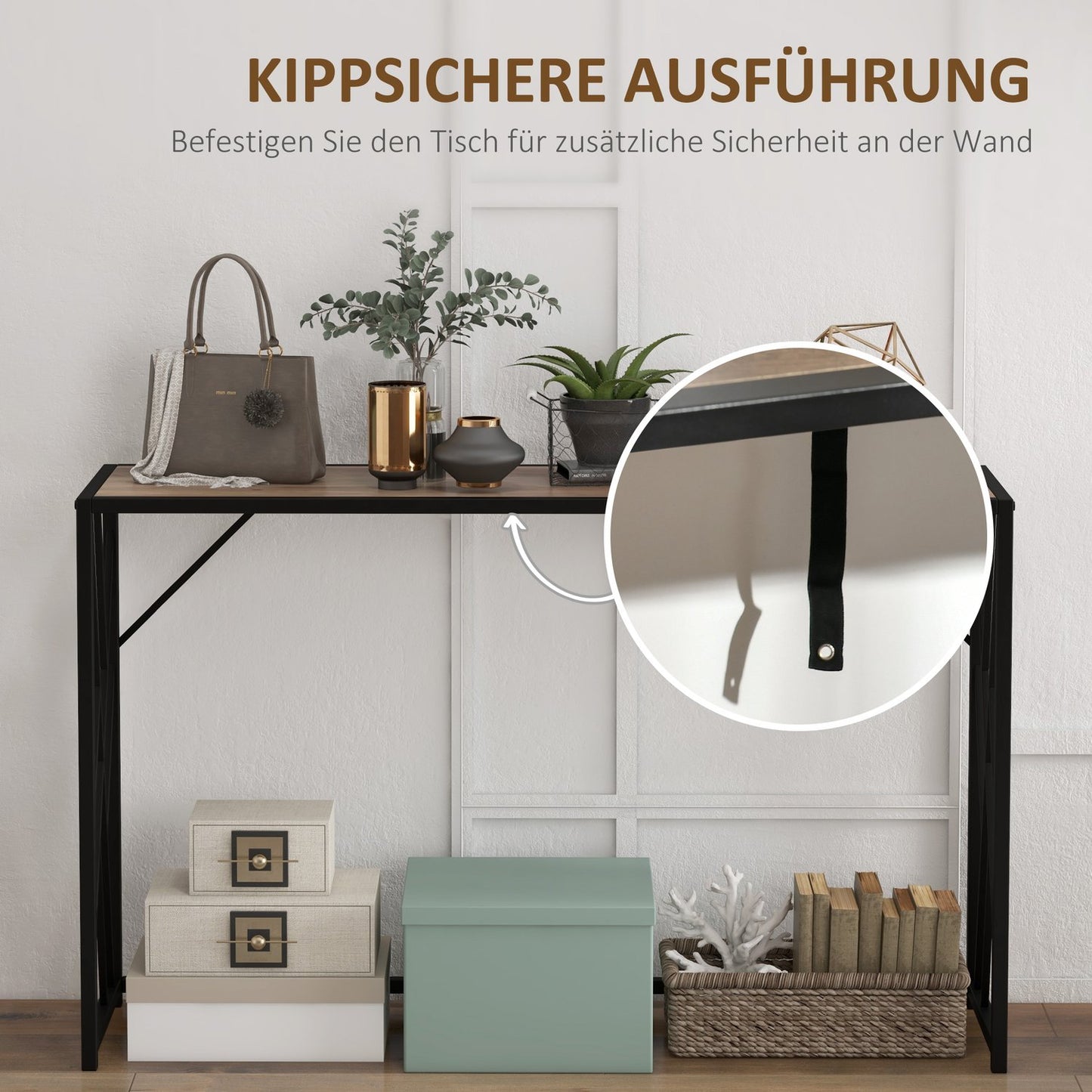 Industrial console table, steel legs, 120x35x75 cm, brown