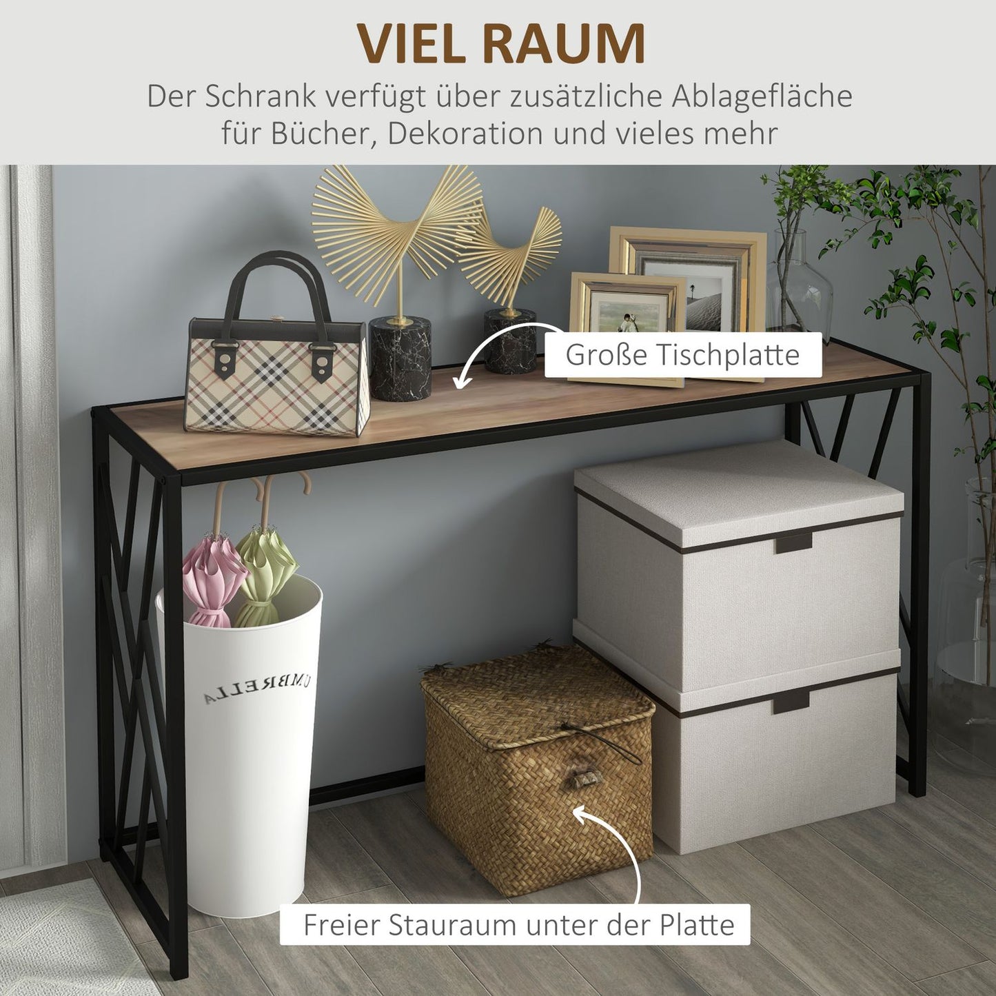 Industrial console table, steel legs, 120x35x75 cm, brown