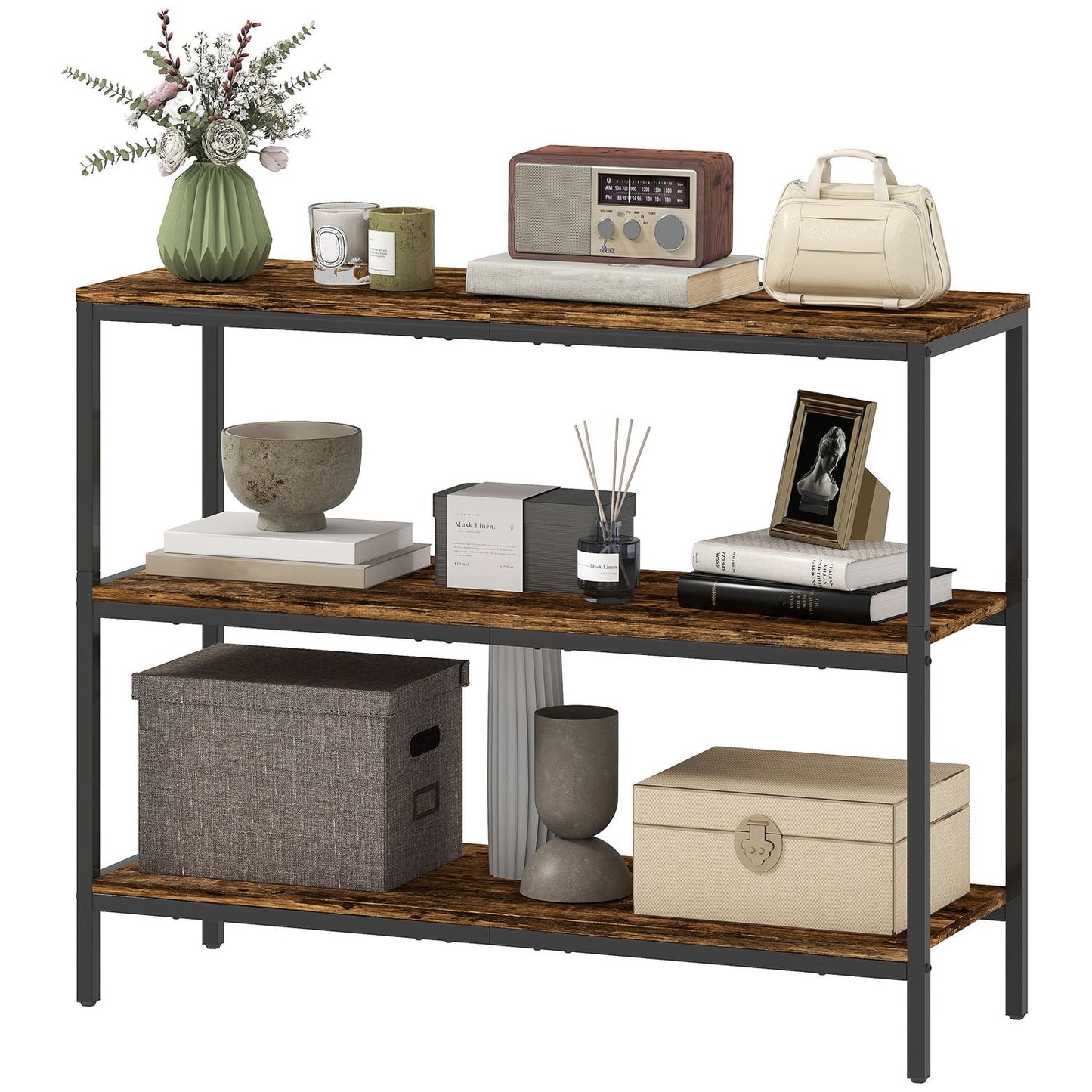 Console table, side table with 3-tier shelf, chipboard, metal, light brown