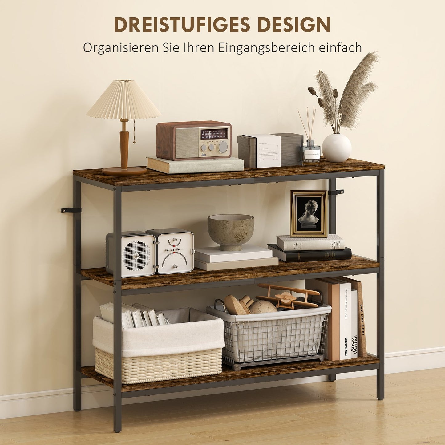 Console table, side table with 3-tier shelf, chipboard, metal, light brown