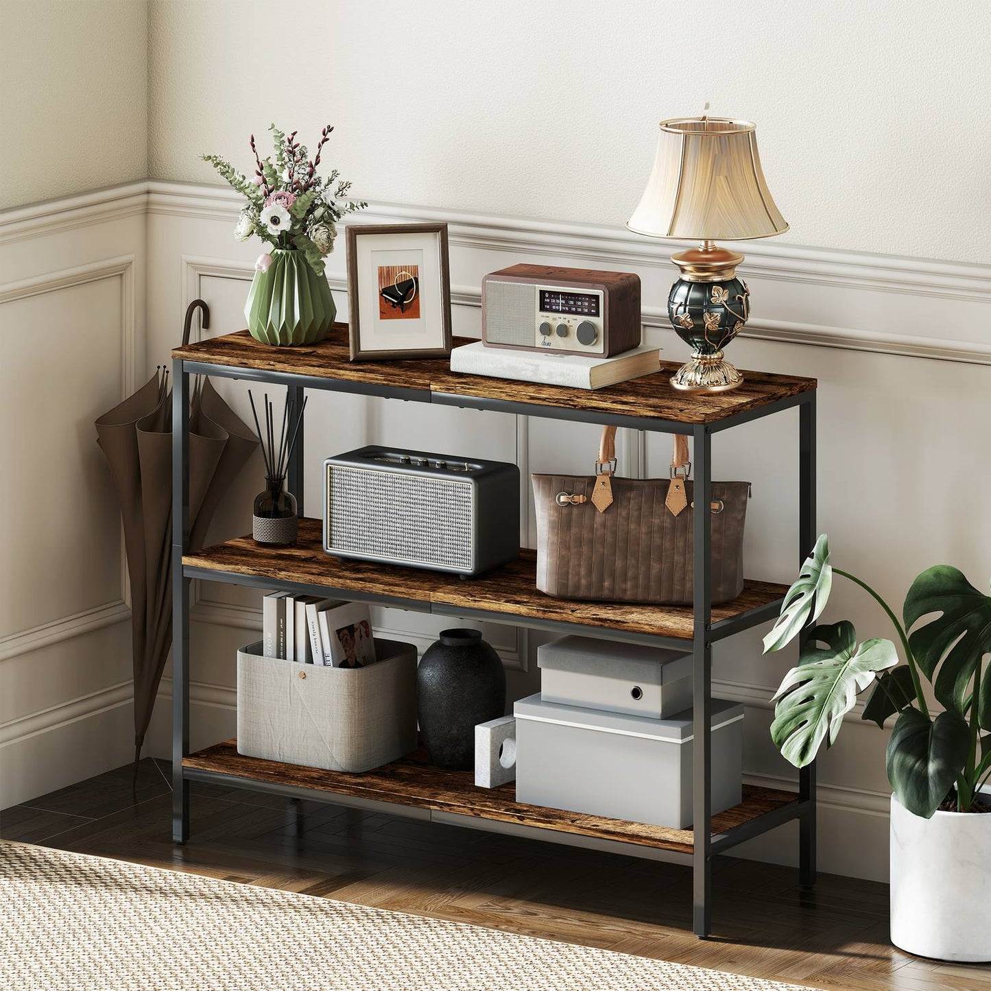 Console table, side table with 3-tier shelf, chipboard, metal, light brown