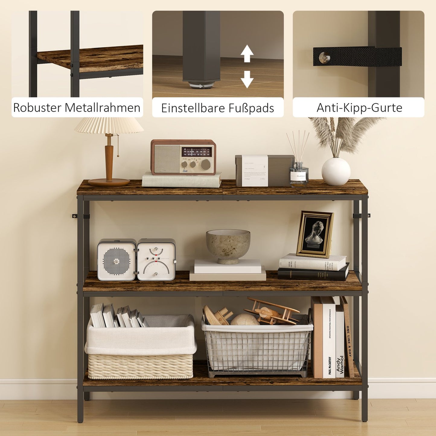 Console table, side table with 3-tier shelf, chipboard, metal, light brown
