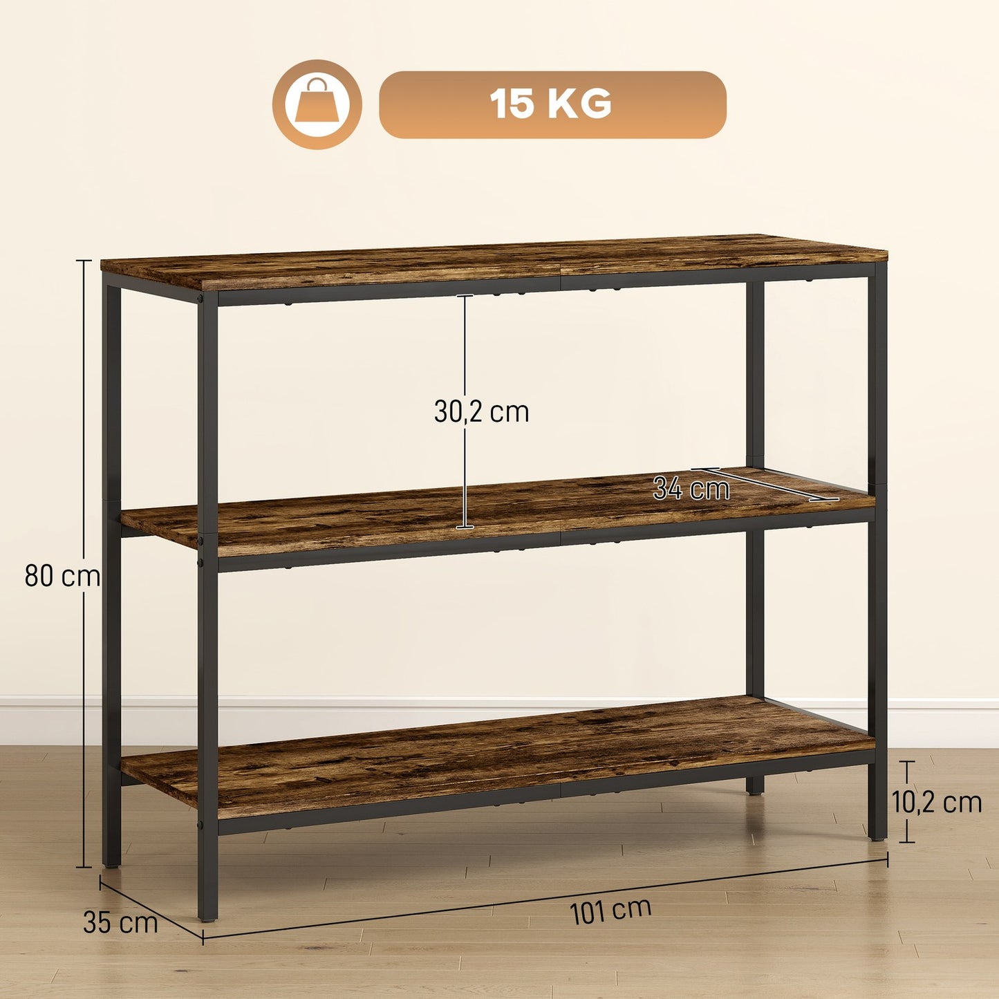 Console table, side table with 3-tier shelf, chipboard, metal, light brown
