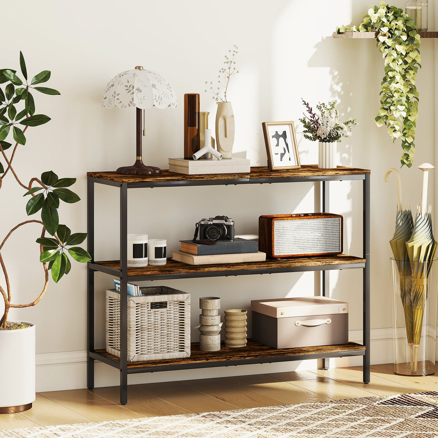 Console table, side table with 3-tier shelf, chipboard, metal, light brown