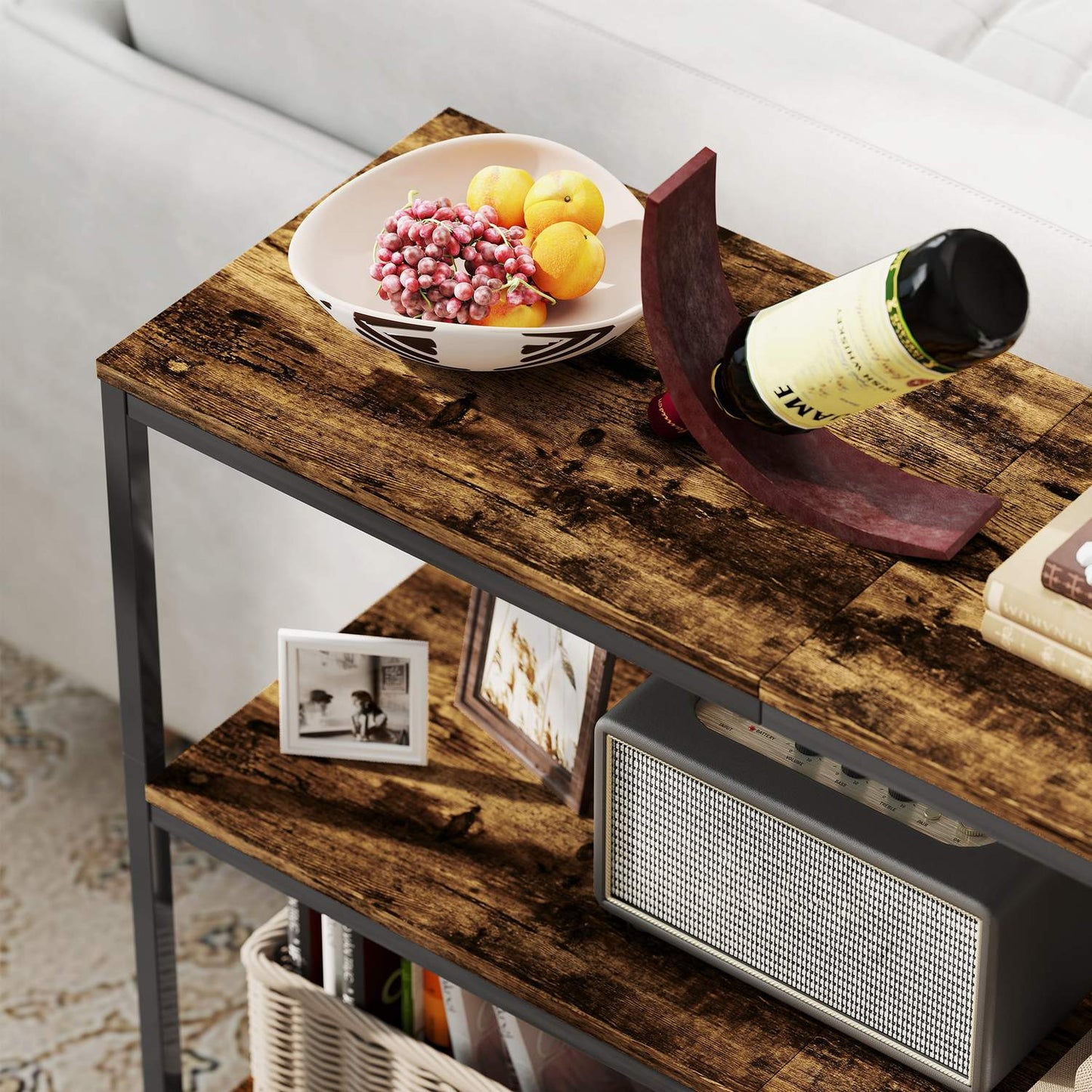 Console table, side table with 3-tier shelf, chipboard, metal, light brown