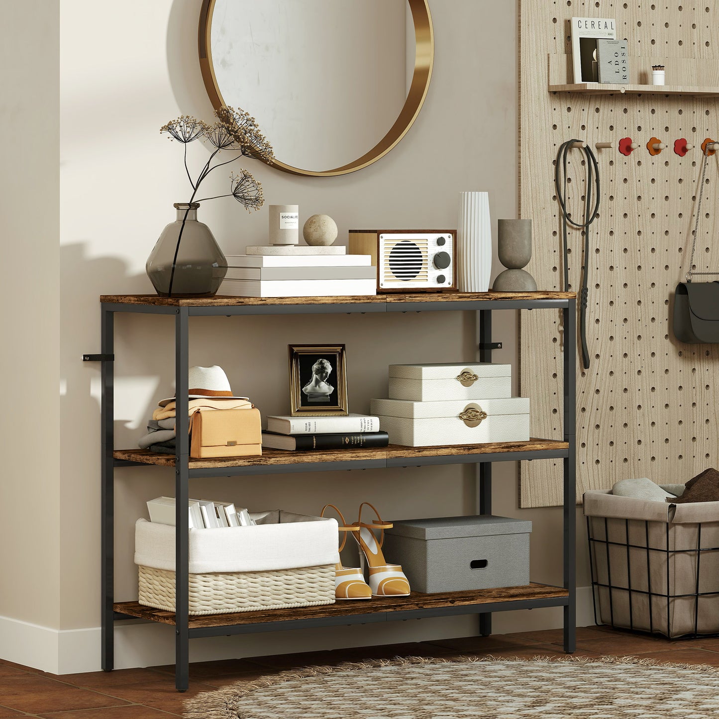 Console table, side table with 3-tier shelf, chipboard, metal, light brown