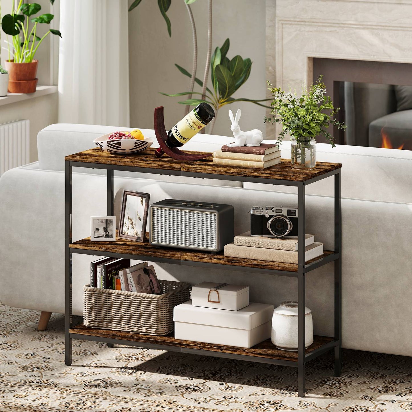 Console table, side table with 3-tier shelf, chipboard, metal, light brown