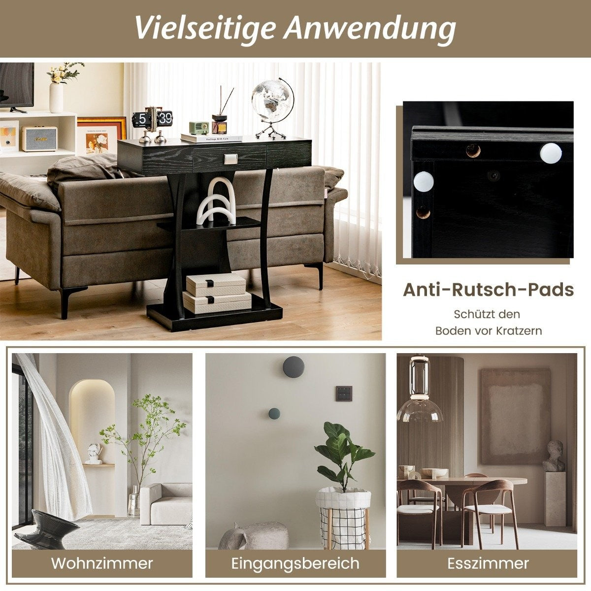 Console table with drawers & metal frame & 2 shelves & tilt protection hallway table black