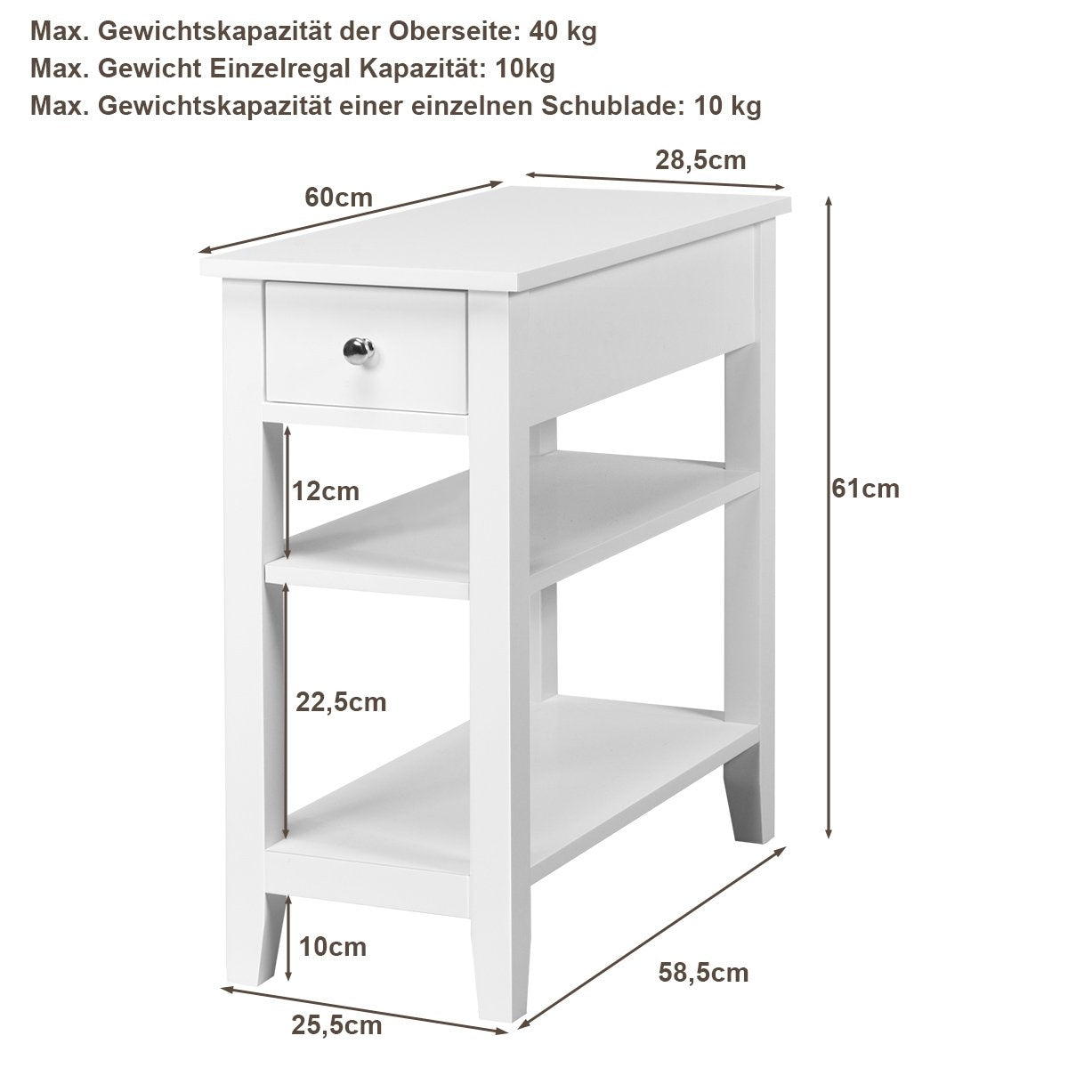 Console table with shelf and drawer 3-tier wooden side table 60 x 28.5 x 61cm white