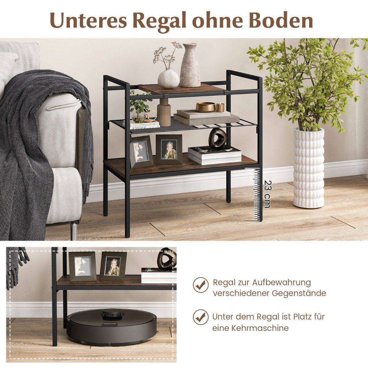 Console table with shelves, narrow console side table, 60 x 33.5 x 61 cm, rustic brown