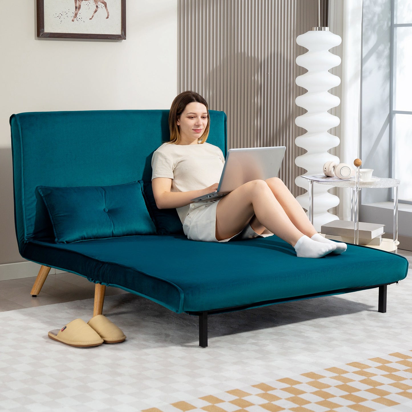 Convertible 2-Seater Sofa Bed, Adjustable Backrest, Green Fabric