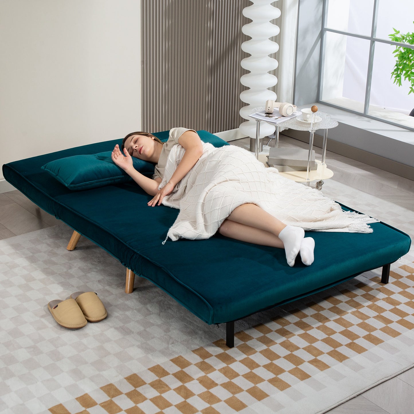 Convertible 2-Seater Sofa Bed, Adjustable Backrest, Green Fabric