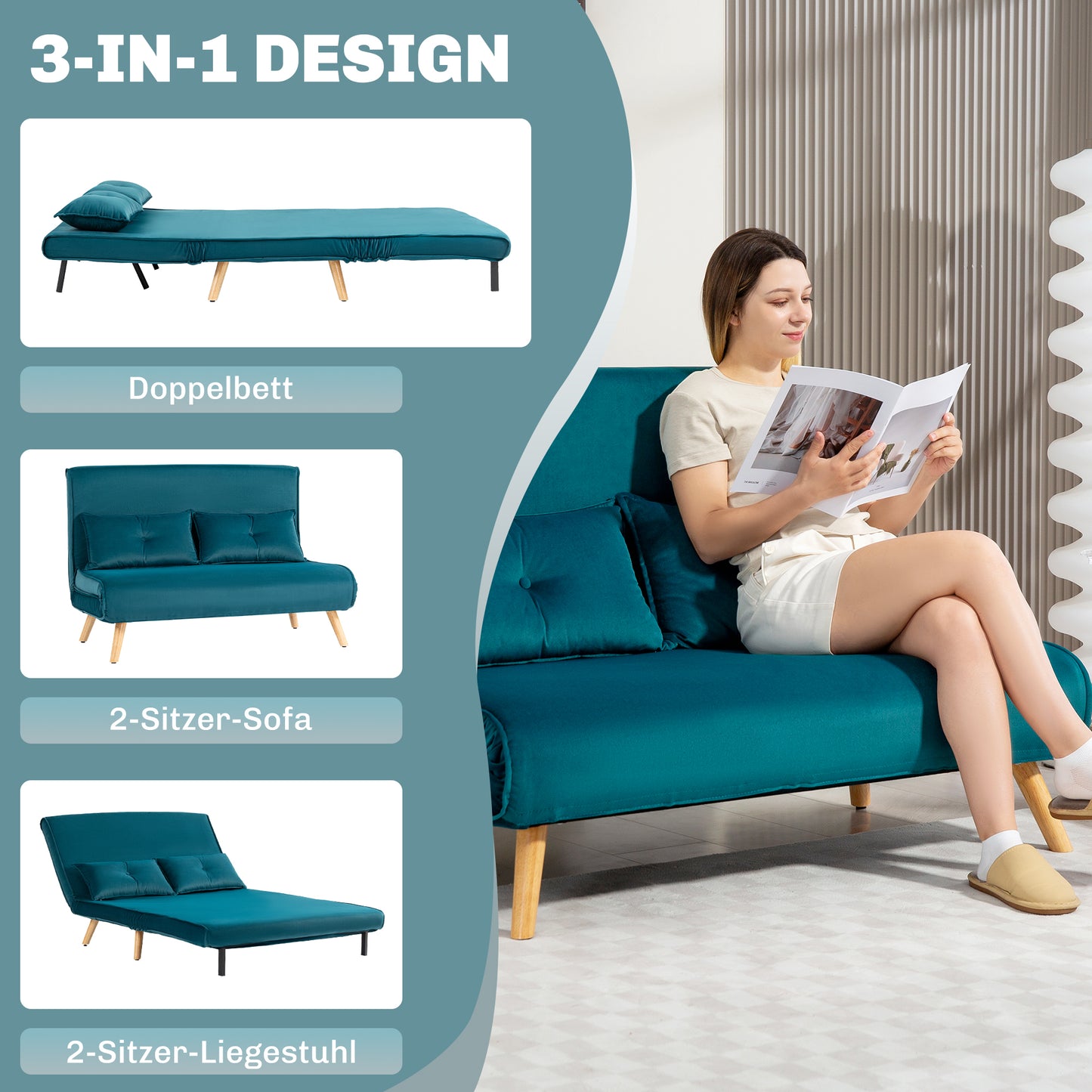 Convertible 2-Seater Sofa Bed, Adjustable Backrest, Green Fabric