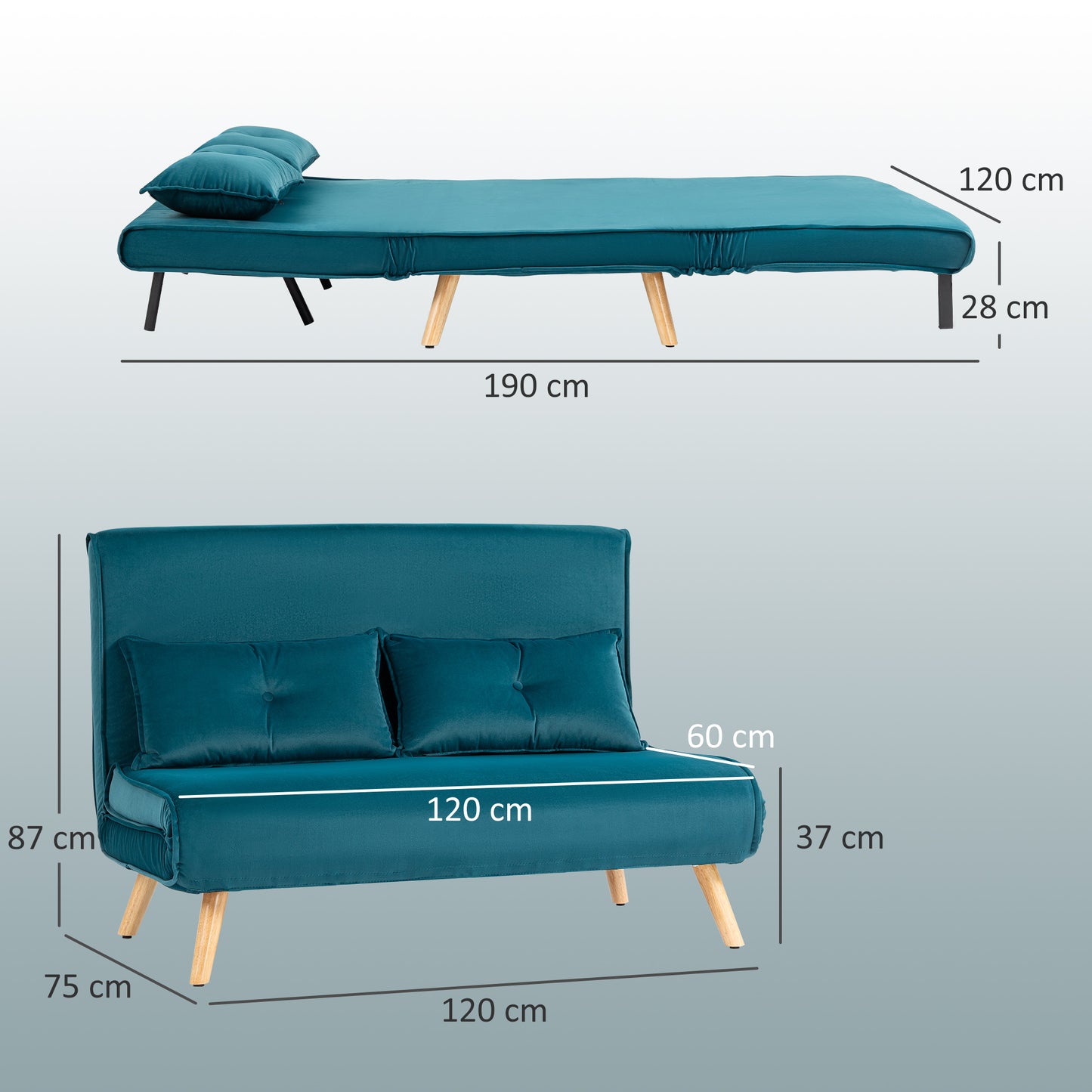Convertible 2-Seater Sofa Bed, Adjustable Backrest, Green Fabric