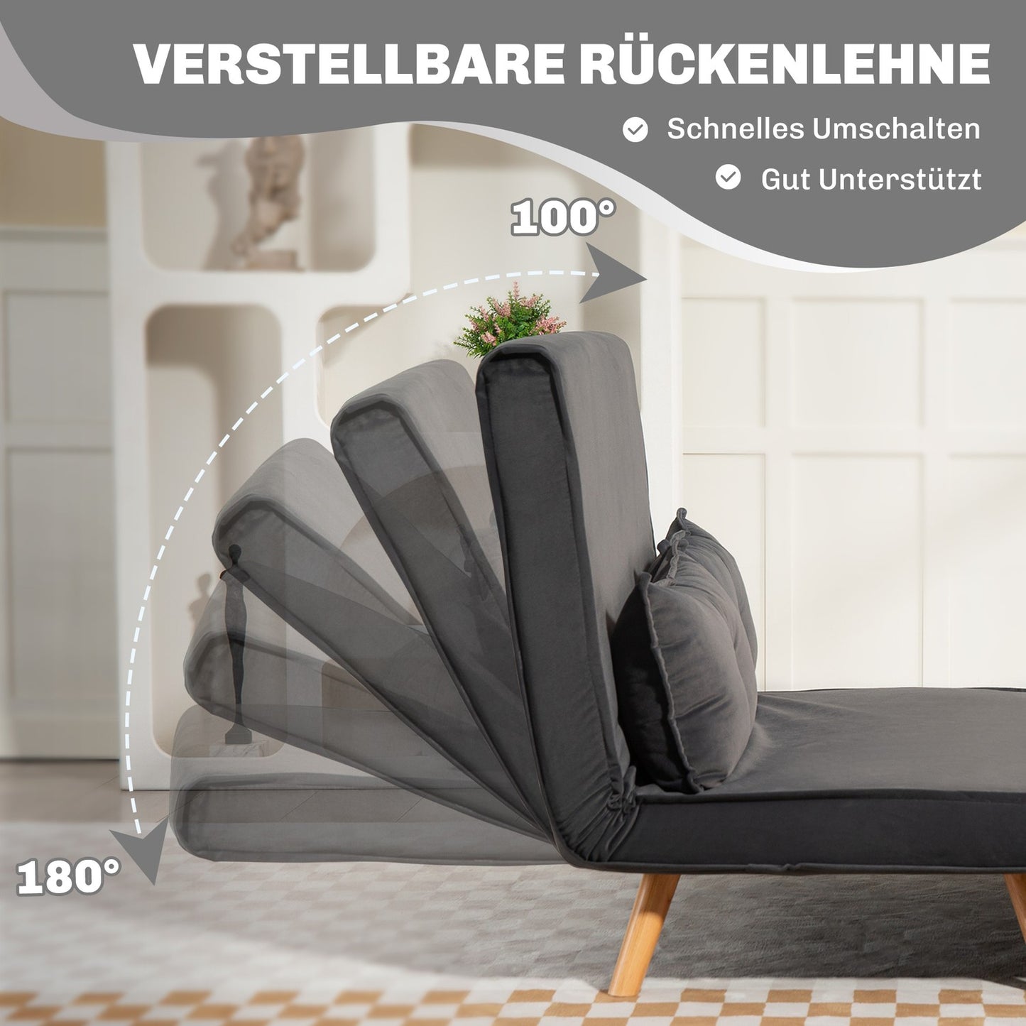 Convertible 2-Seater Sofa Bed, Adjustable Backrest, Grey Fabric