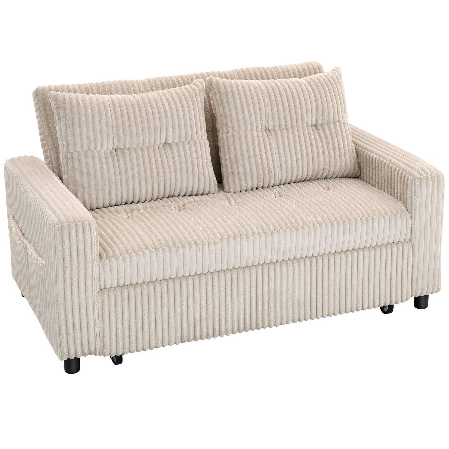 Convertible 2-Seater Sofa Bed, Cord Fabric, Cream White
