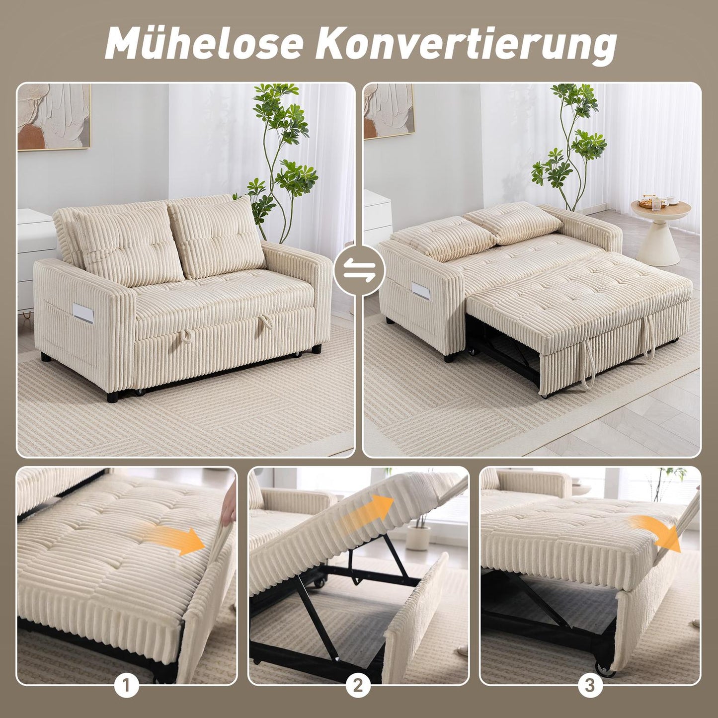 Convertible 2-Seater Sofa Bed, Cord Fabric, Cream White