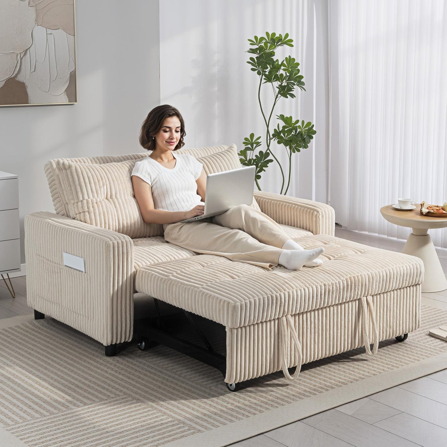 Convertible 2-Seater Sofa Bed, Cord Fabric, Cream White
