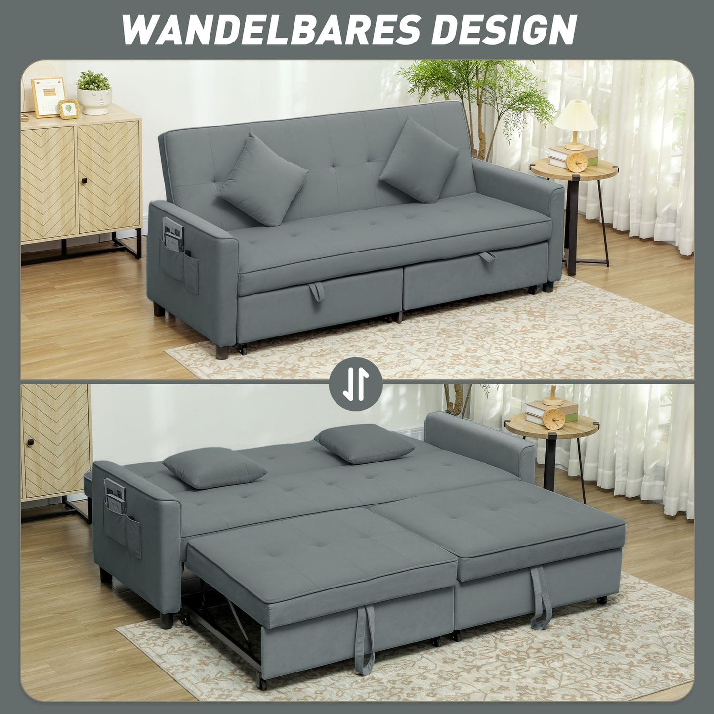 Convertible 3-Seater Sofa Bed with Adjustable Backrest, Grey