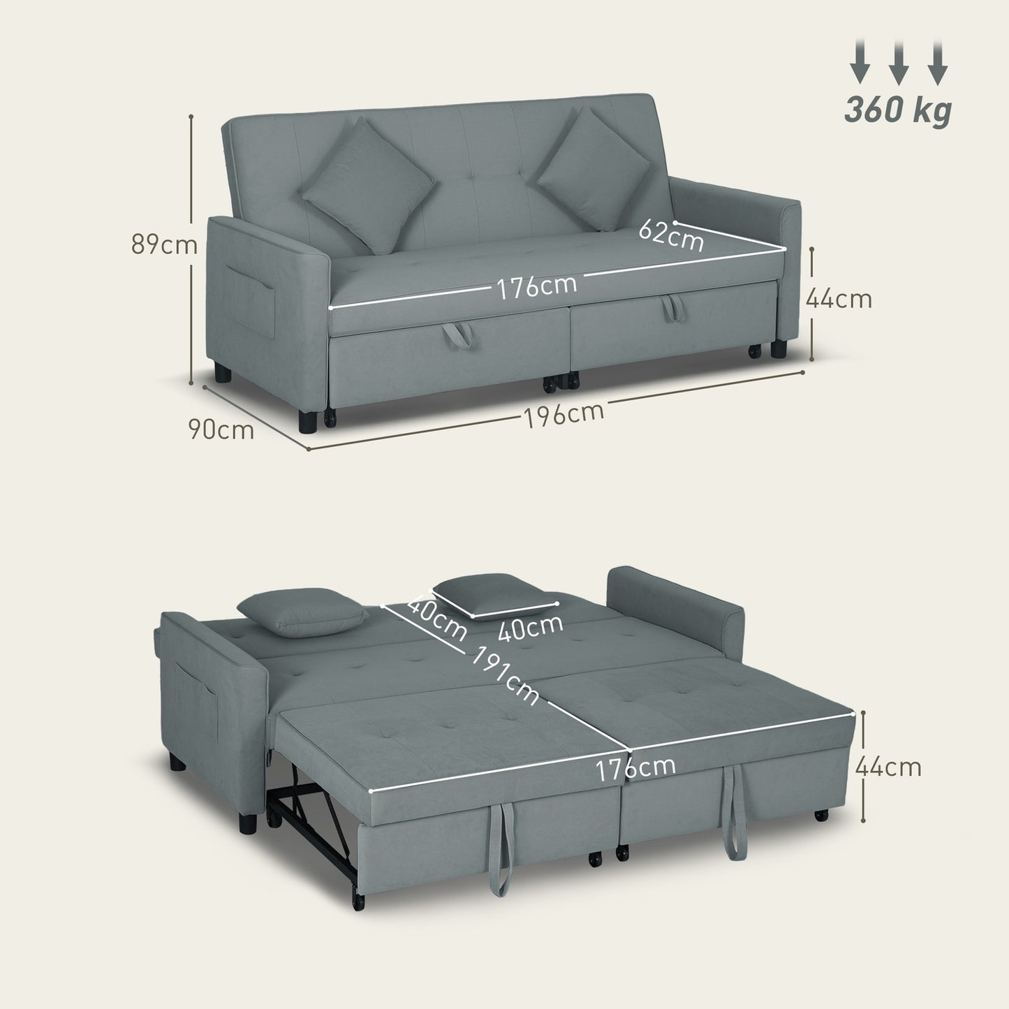 Convertible 3-Seater Sofa Bed with Adjustable Backrest, Grey