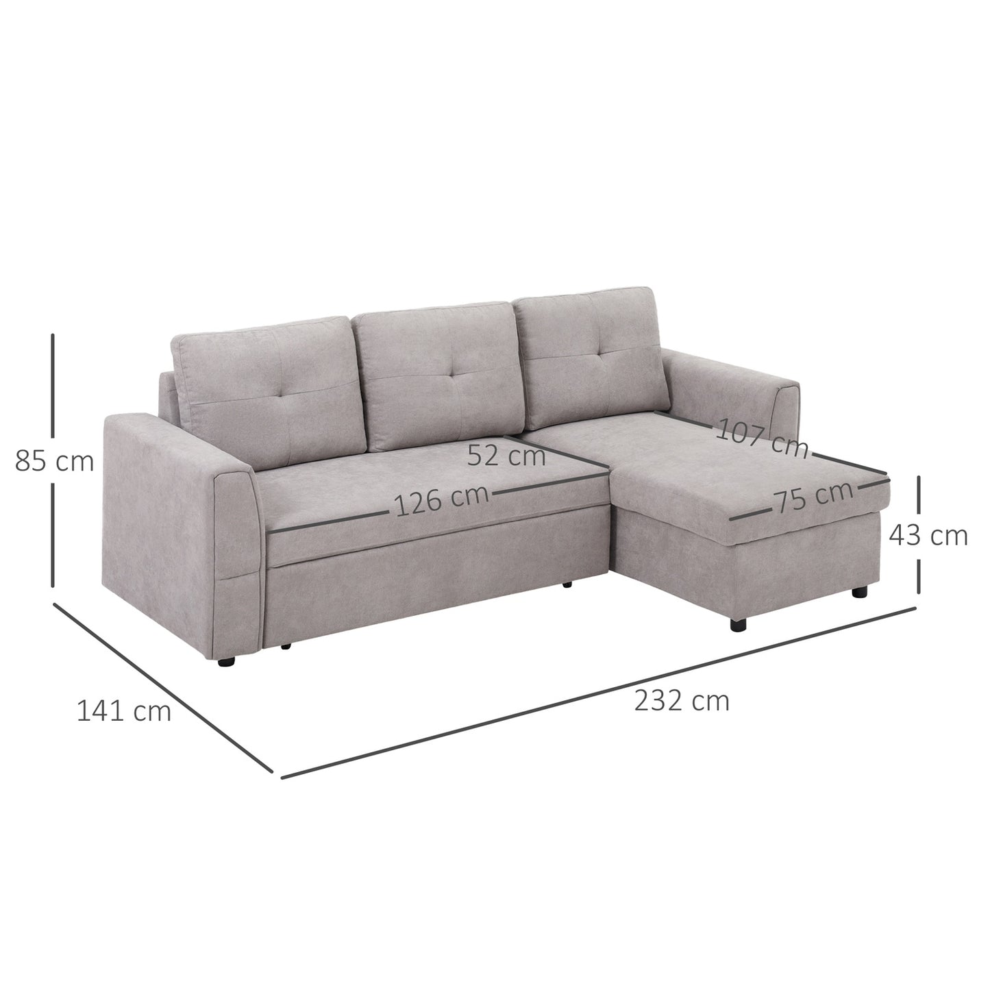 Convertible 3-Seater Sofa Bed with Chaise, Grey Fabric