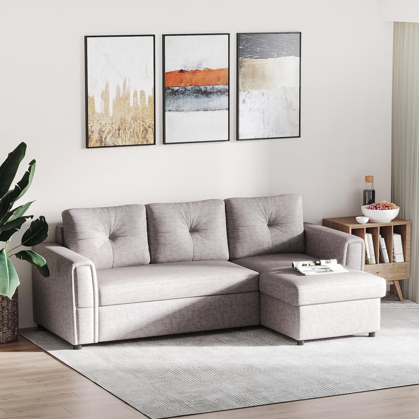 Convertible 3-Seater Sofa Bed with Chaise, Grey Fabric