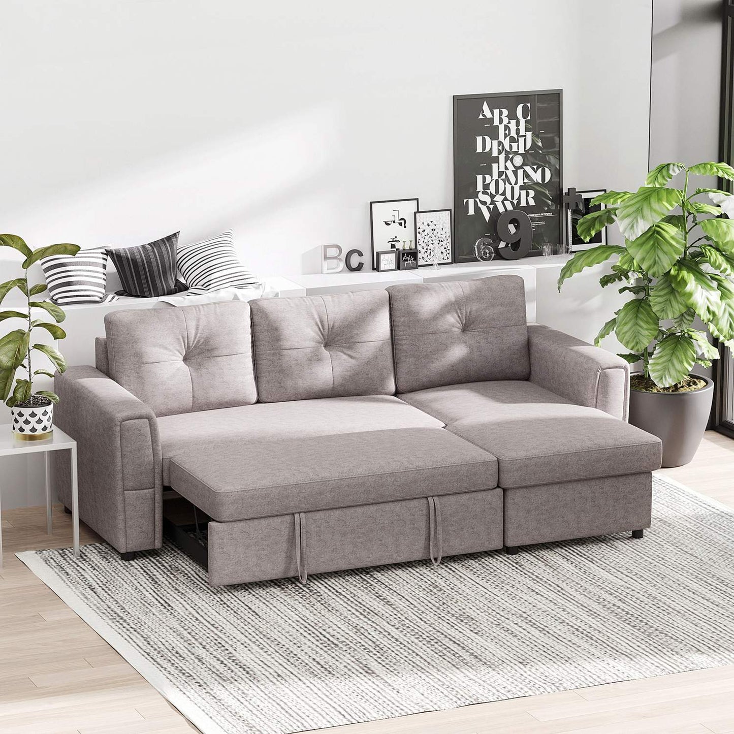Convertible 3-Seater Sofa Bed with Chaise, Grey Fabric