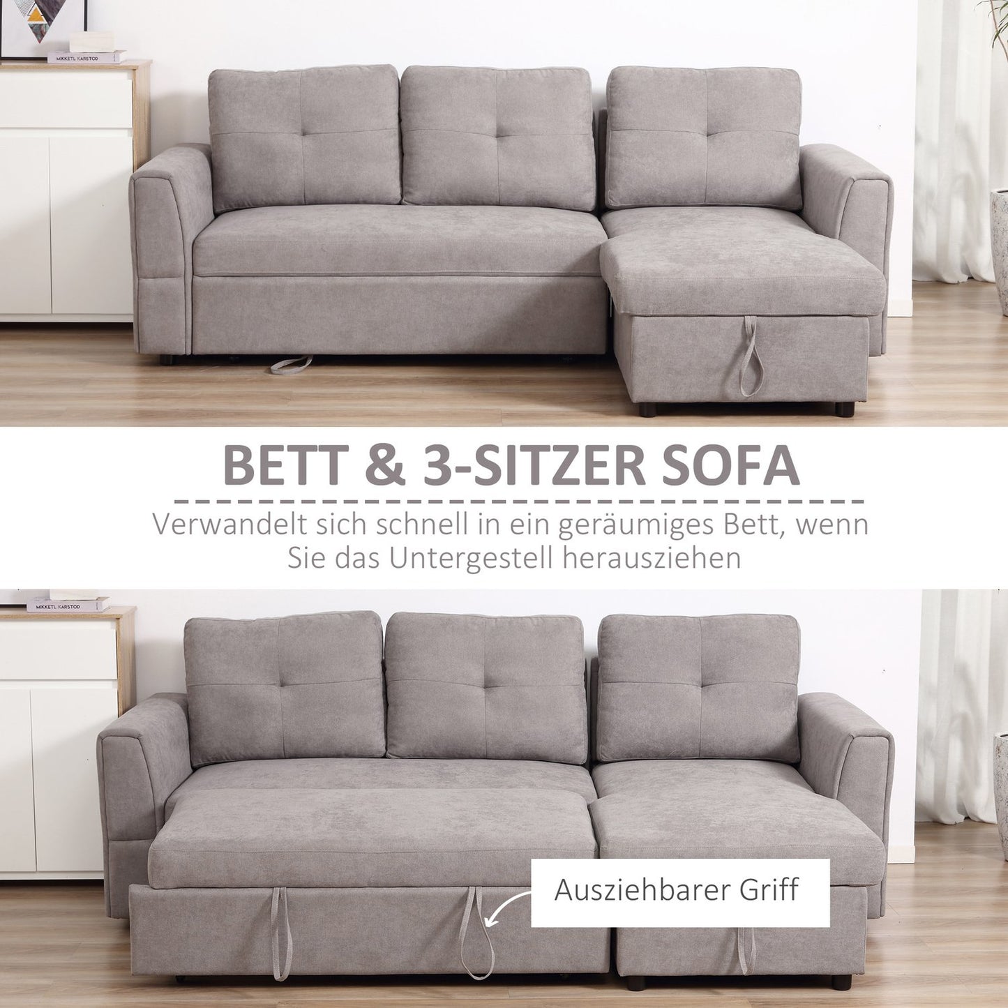 Convertible 3-Seater Sofa Bed with Chaise, Grey Fabric