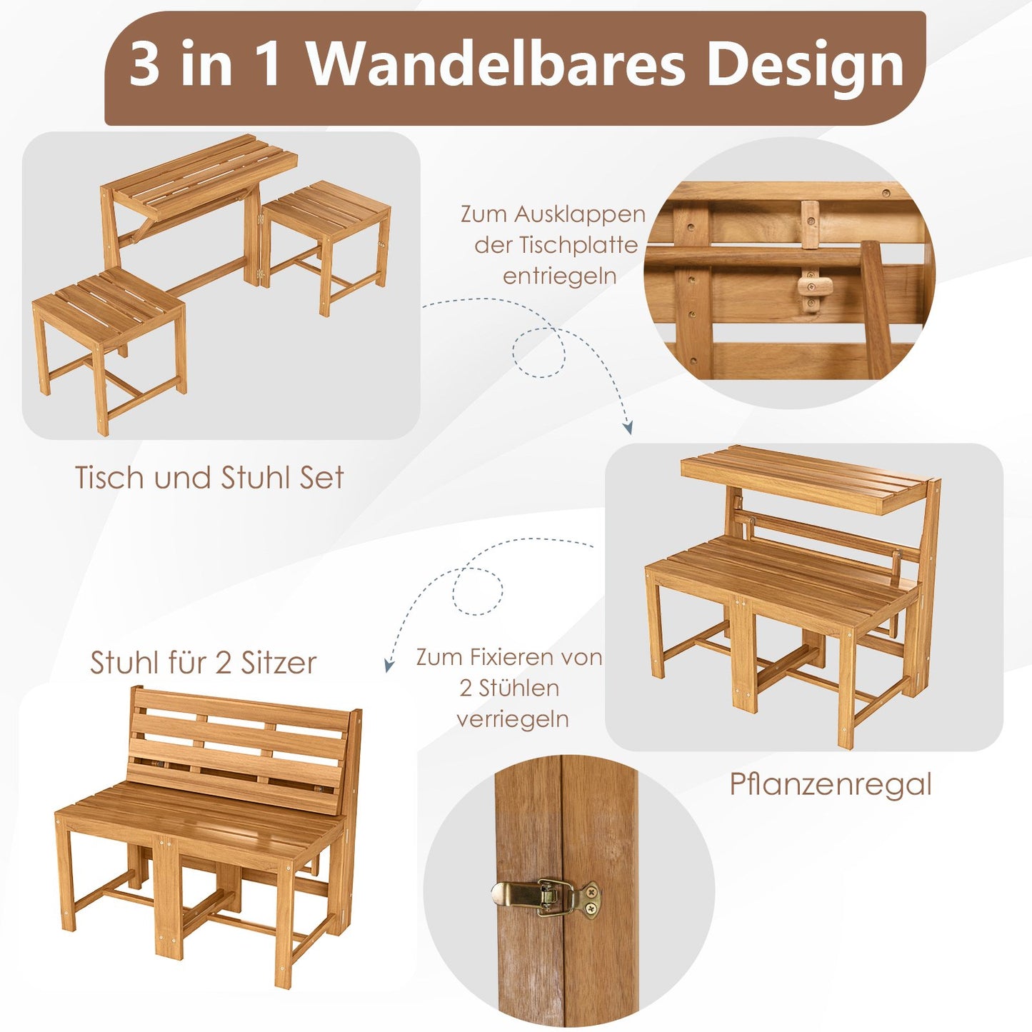 Convertible 3-in-1 Acacia Wood Garden Bench and Table Set