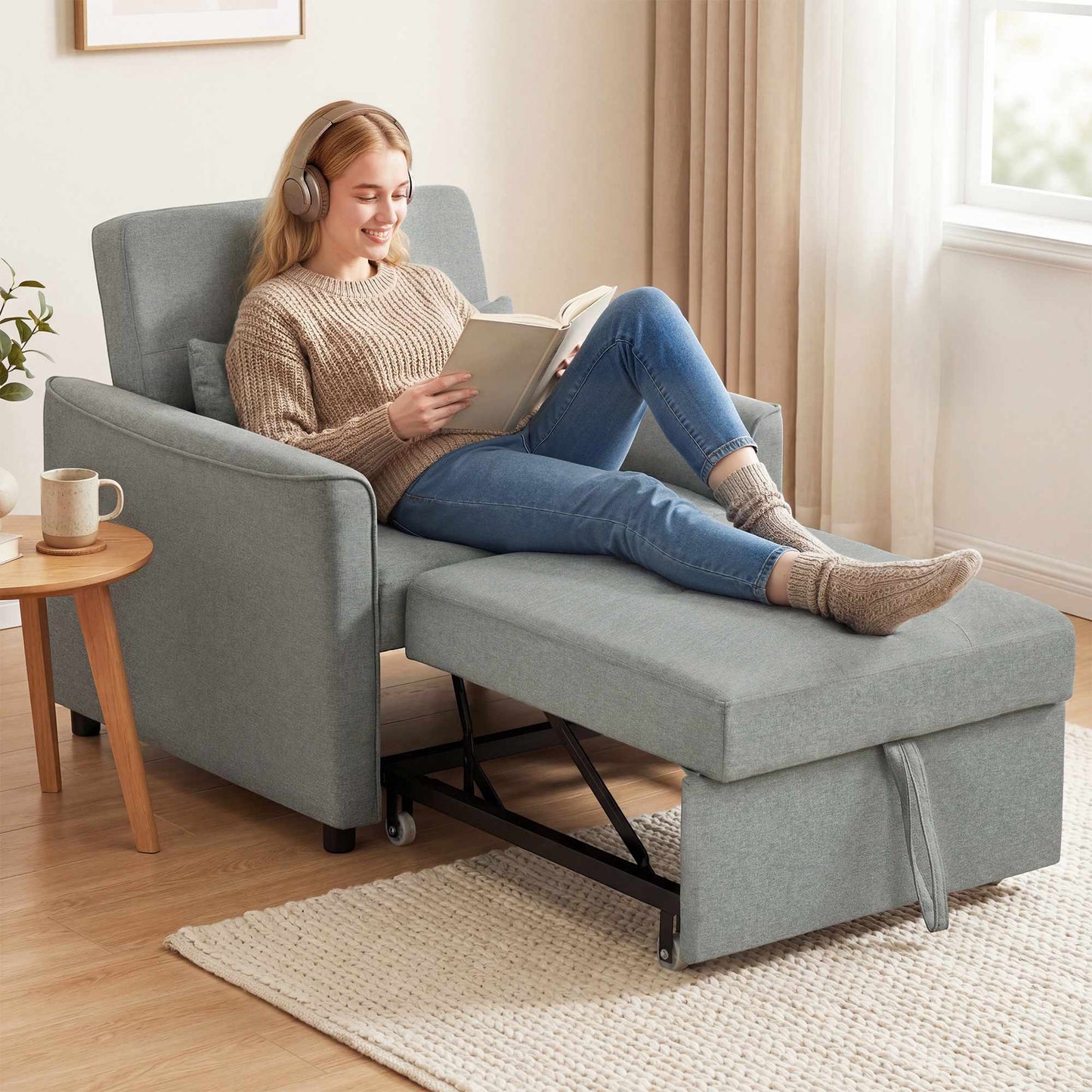 Convertible 3-in-1 Sofa Chair Bed, Adjustable Backrest, Gray