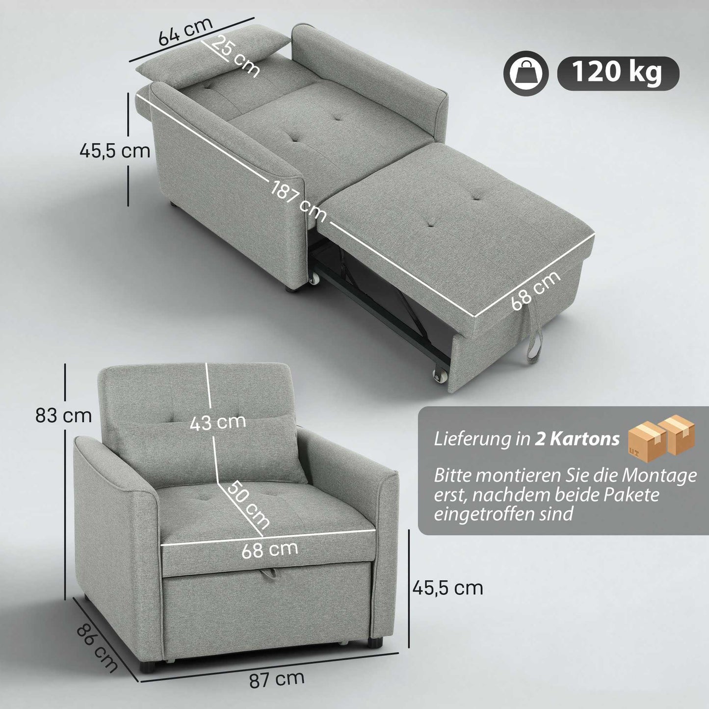 Convertible 3-in-1 Sofa Chair Bed, Adjustable Backrest, Gray