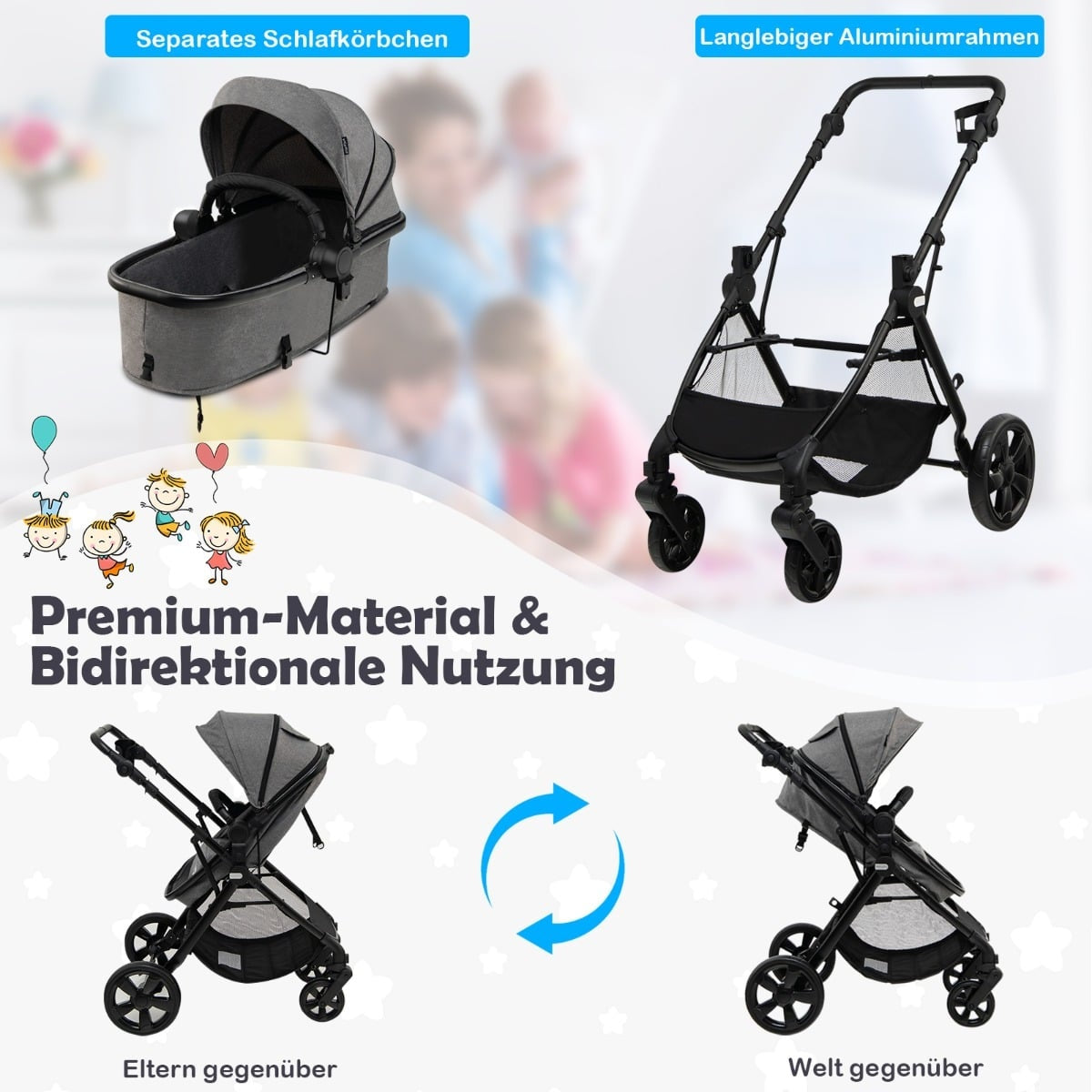 Convertible Baby Stroller with Adjustable Canopy & Storage