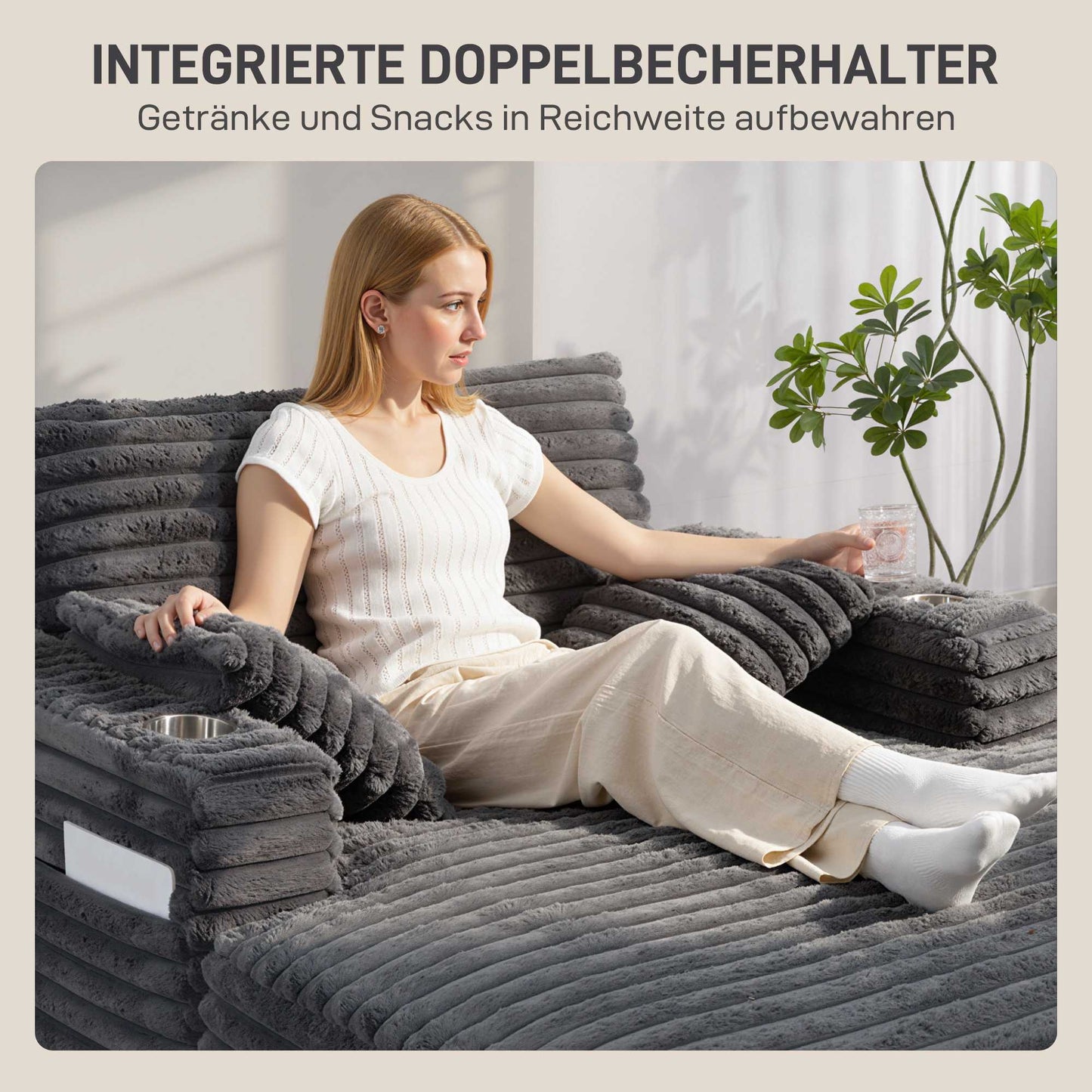 Convertible Corduroy Sofa Bed with Cup Holders, Grey