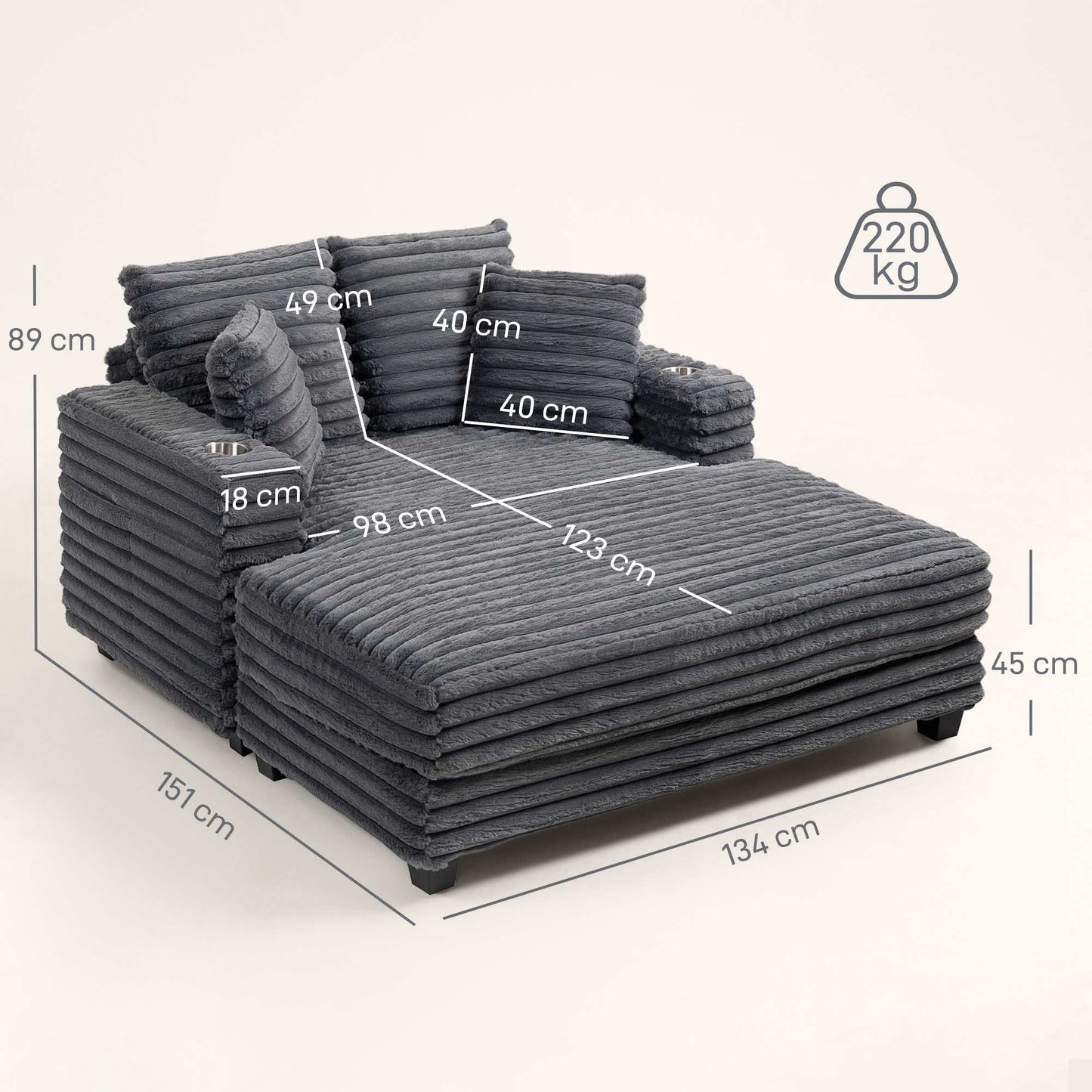 Convertible Corduroy Sofa Bed with Cup Holders, Grey