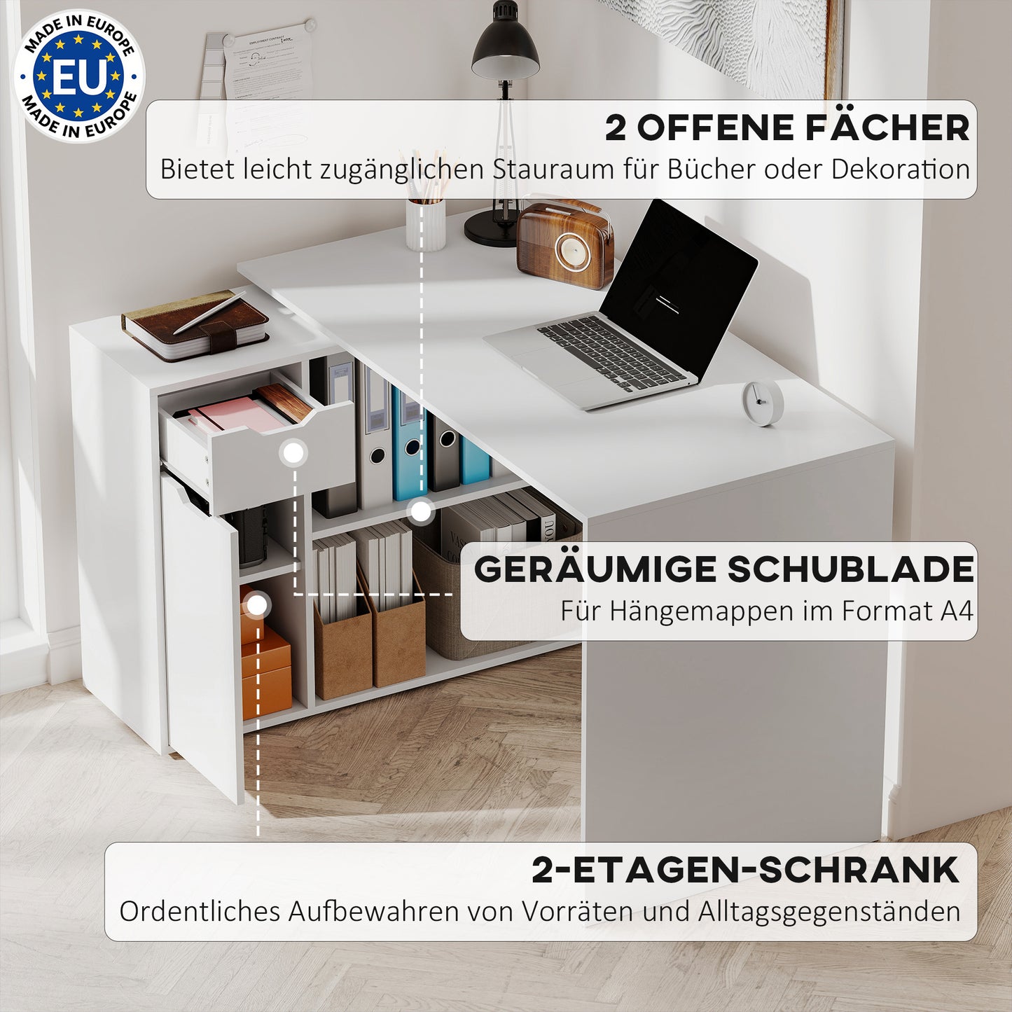 Convertible Desk with Storage, White Wood, L-Shape Option