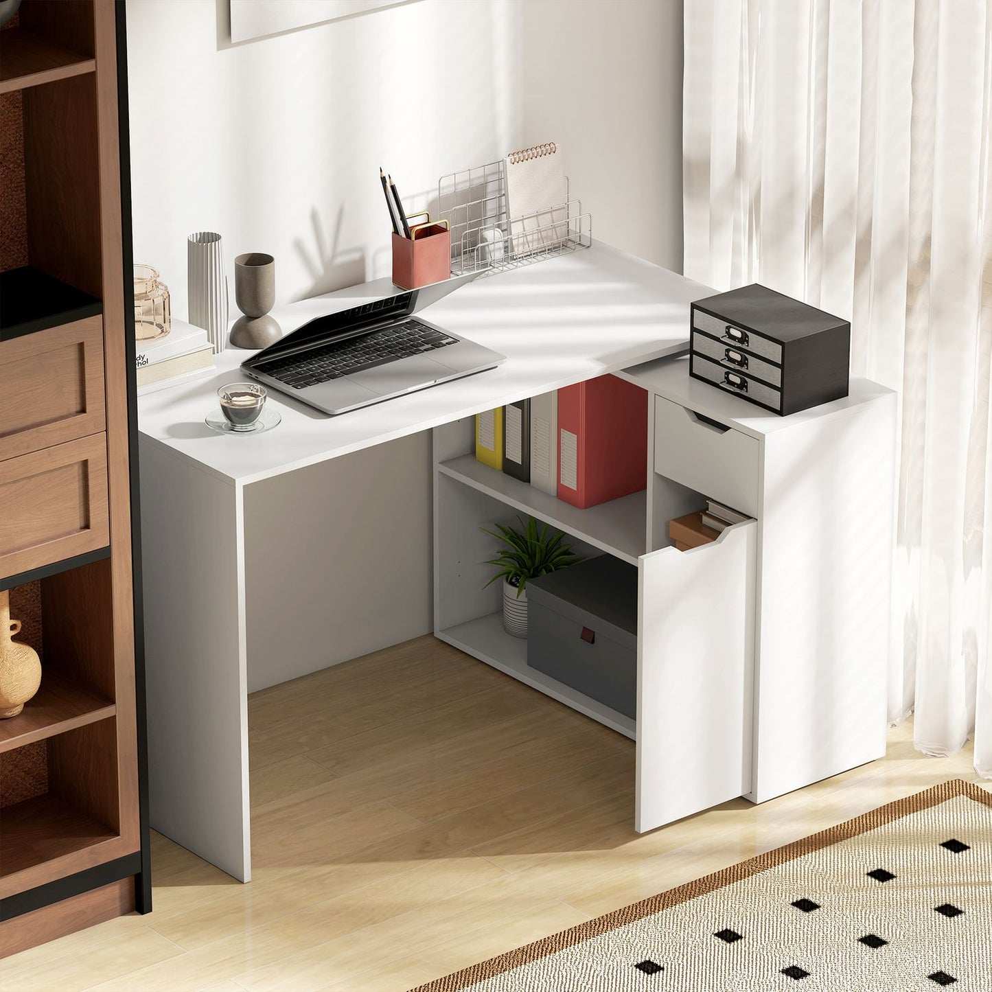 Convertible Desk with Storage, White Wood, L-Shape Option