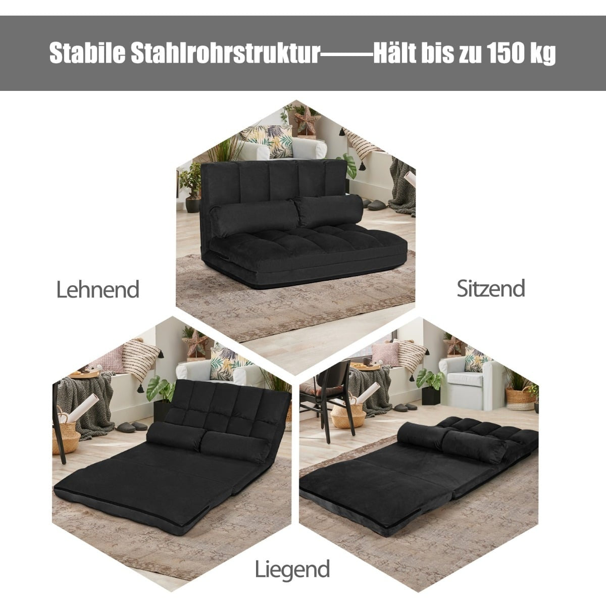 Convertible Floor Sofa Bed, Adjustable Backrest, Black