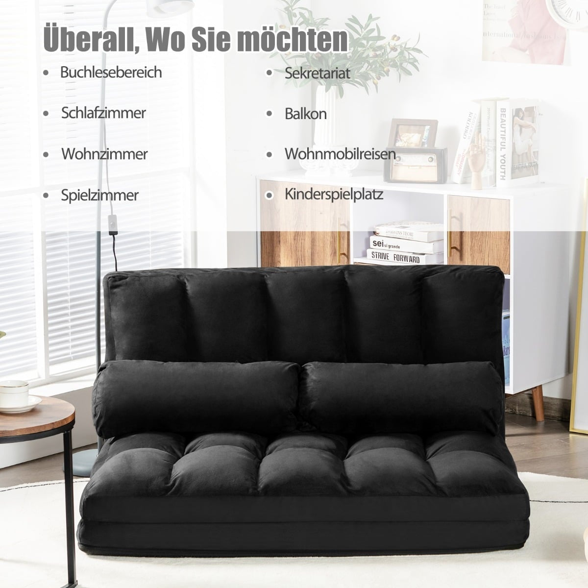 Convertible Floor Sofa Bed, Adjustable Backrest, Black