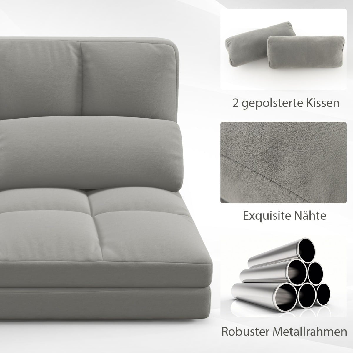 Convertible Floor Sofa Bed, Adjustable Backrest, Light Gray