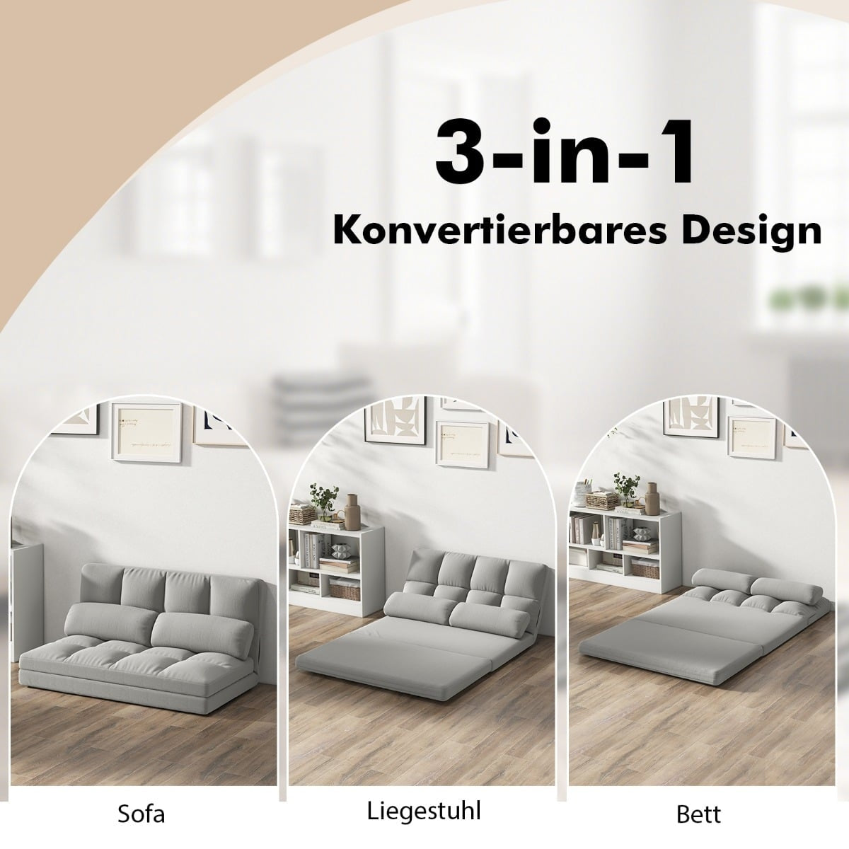 Convertible Floor Sofa Bed, Adjustable Backrest, Light Gray