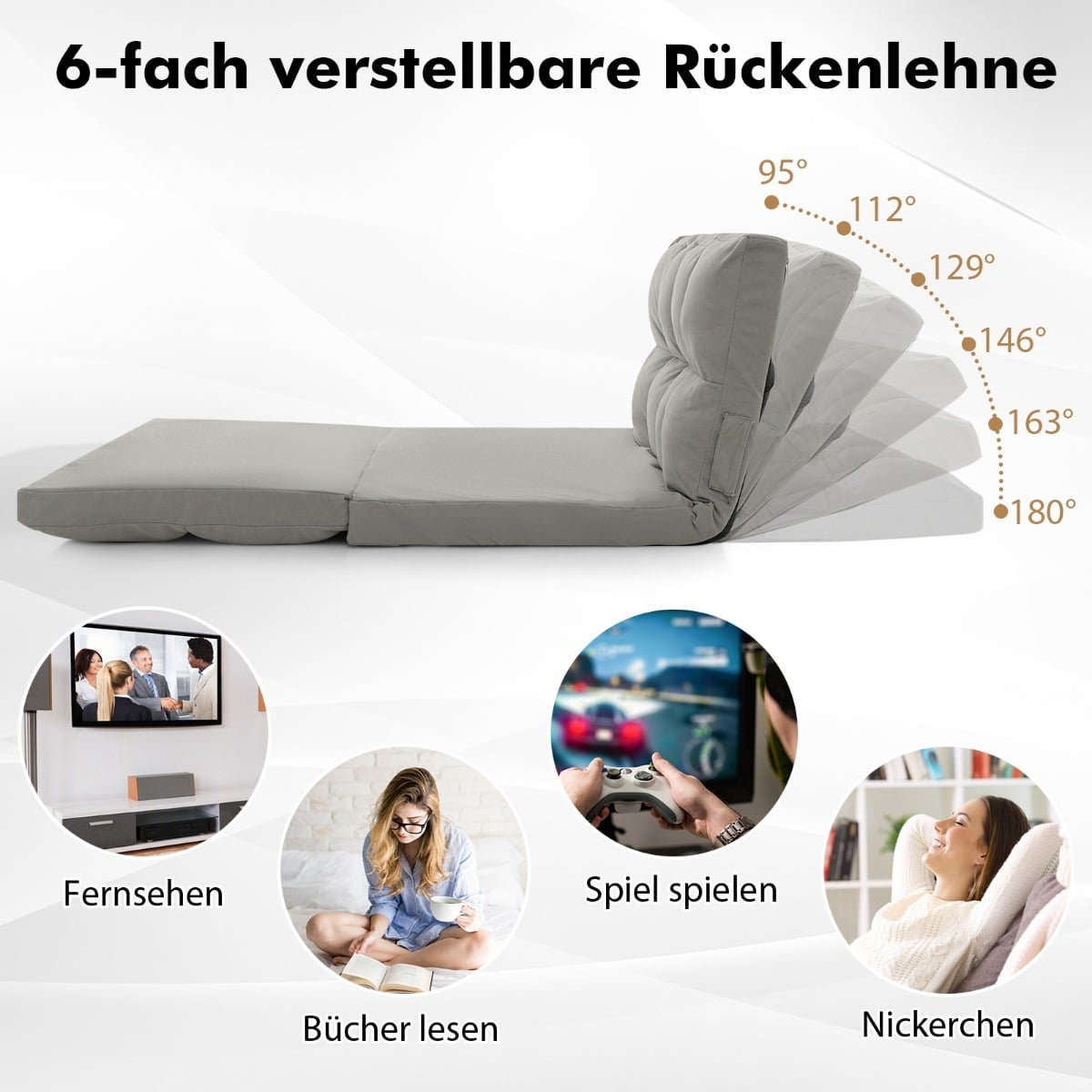 Convertible Floor Sofa Bed, Adjustable Backrest, Light Gray