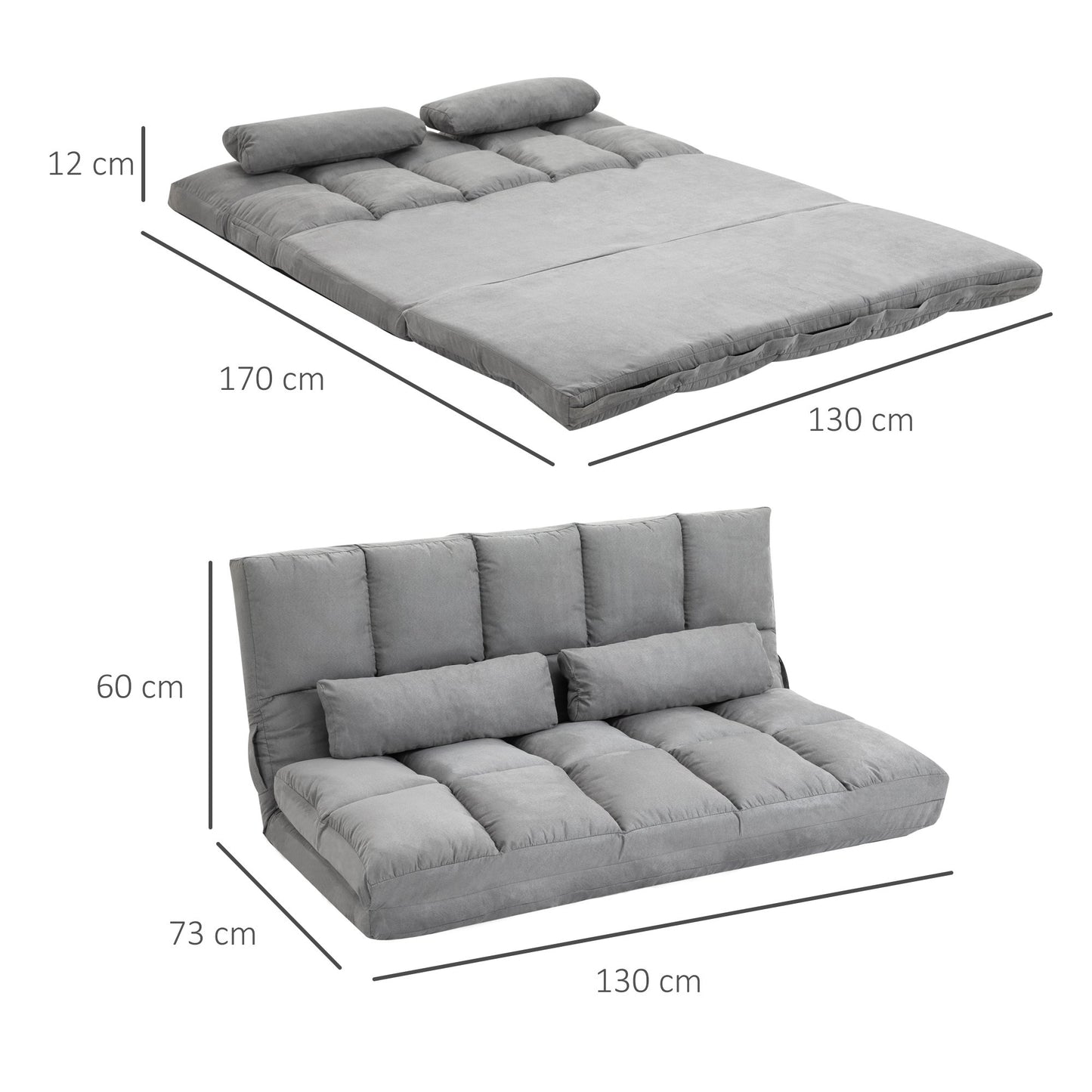 Convertible Floor Sofa Bed, Adjustable Backrest, Light Grey
