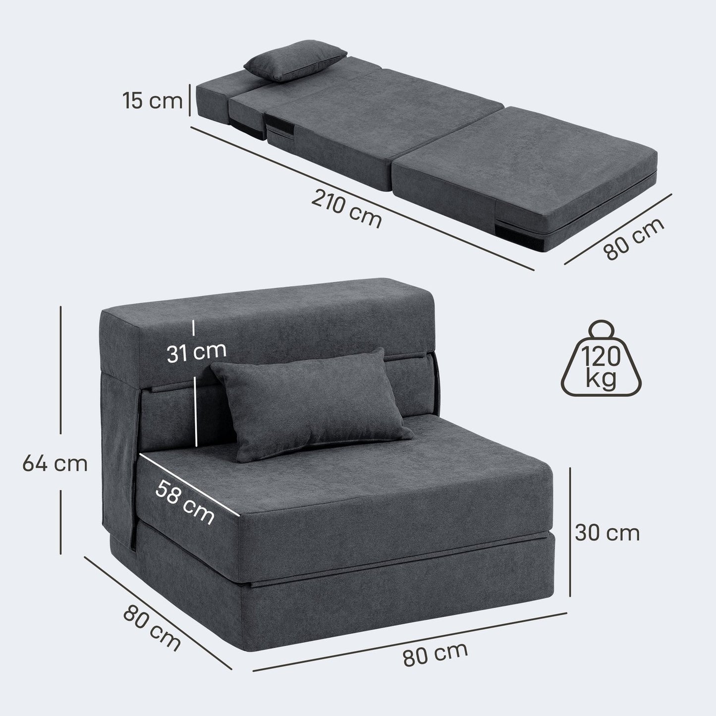 Convertible Floor Sofa Bed – Foam, Dark Grey, Includes Pillow